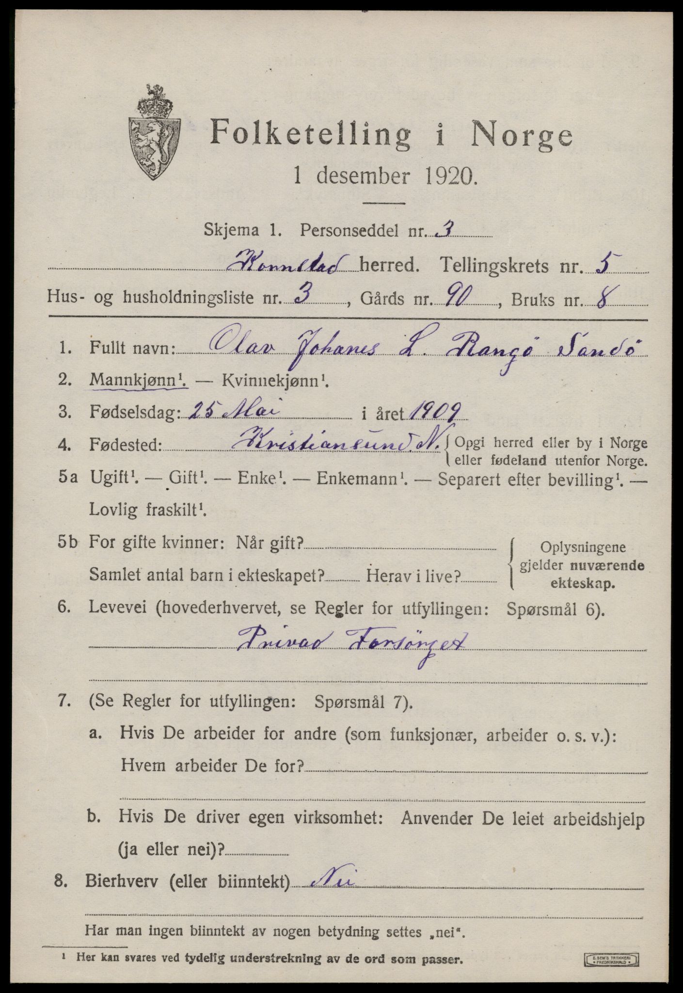 SAT, 1920 census for Kornstad, 1920, p. 2773