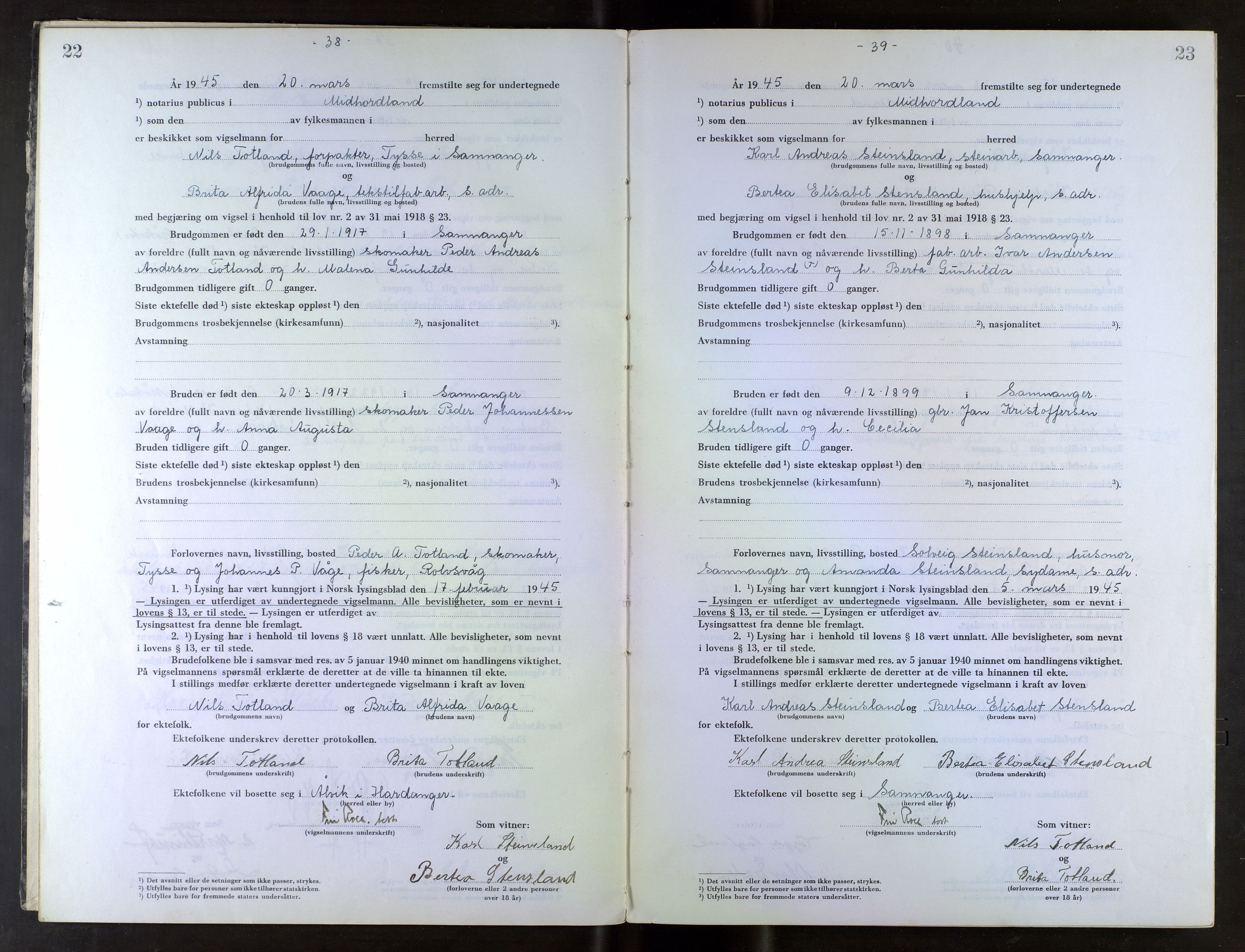 Midhordland sorenskriveri, AV/SAB-A-3001/1/M/Mc/Mca/L0007: Notarialbilag. Vigselbøker, 1945-1948, p. 22-23