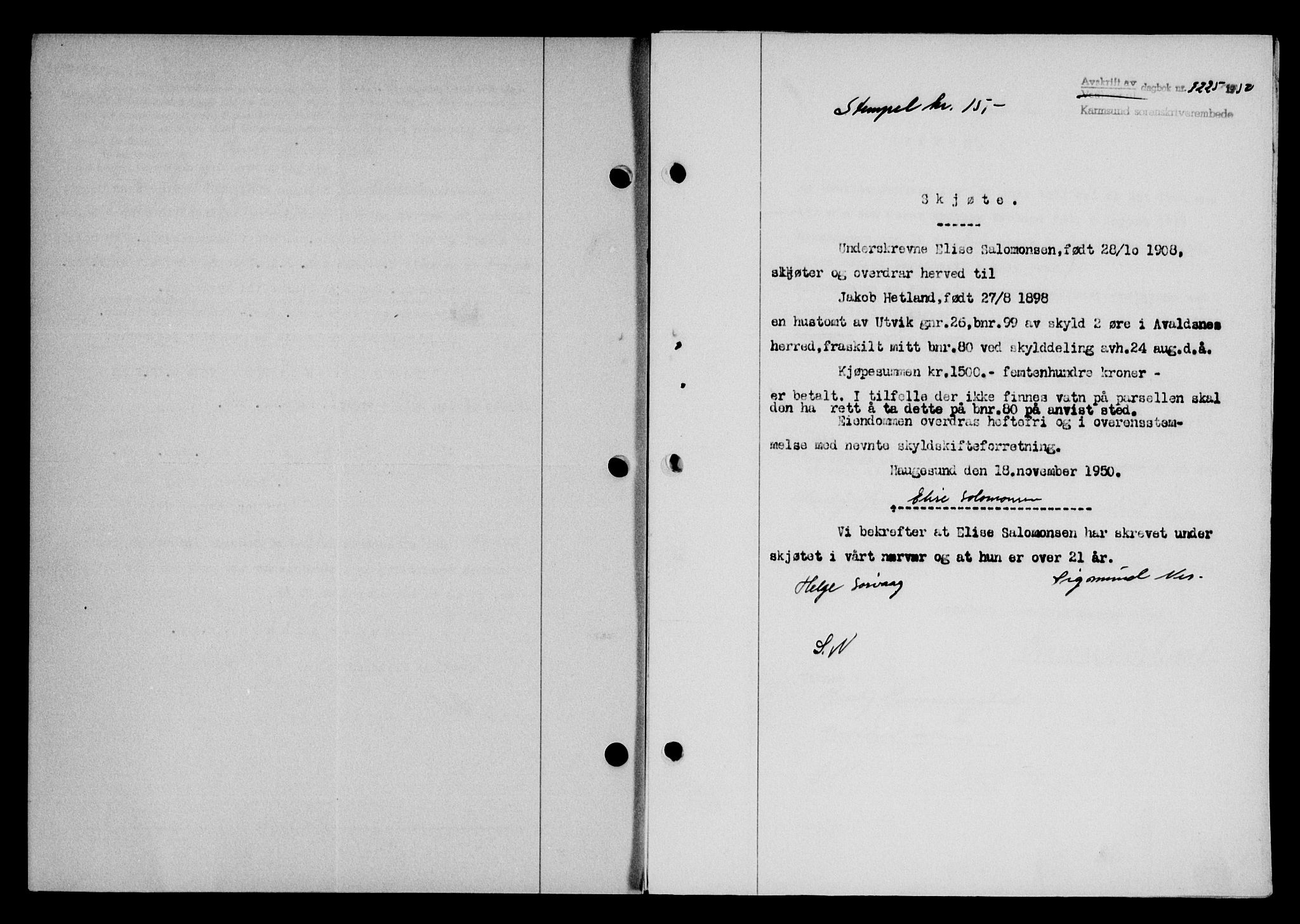 Karmsund sorenskriveri, SAST/A-100311/01/II/IIB/L0101: Mortgage book no. 81A, 1950-1951, Diary no: : 3225/1950
