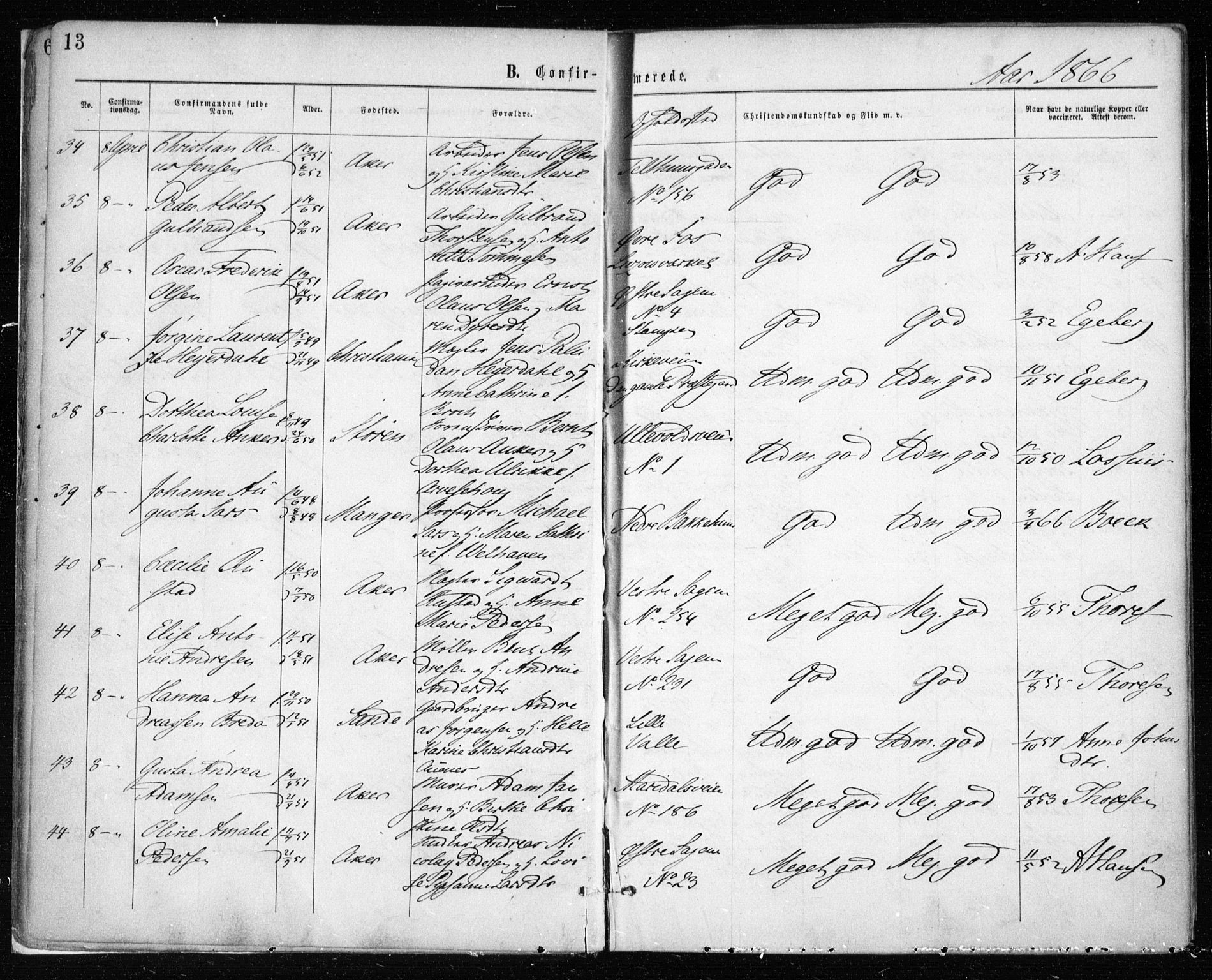 Gamle Aker prestekontor Kirkebøker, AV/SAO-A-10617a/F/L0003: Parish register (official) no. 3, 1865-1873, p. 13