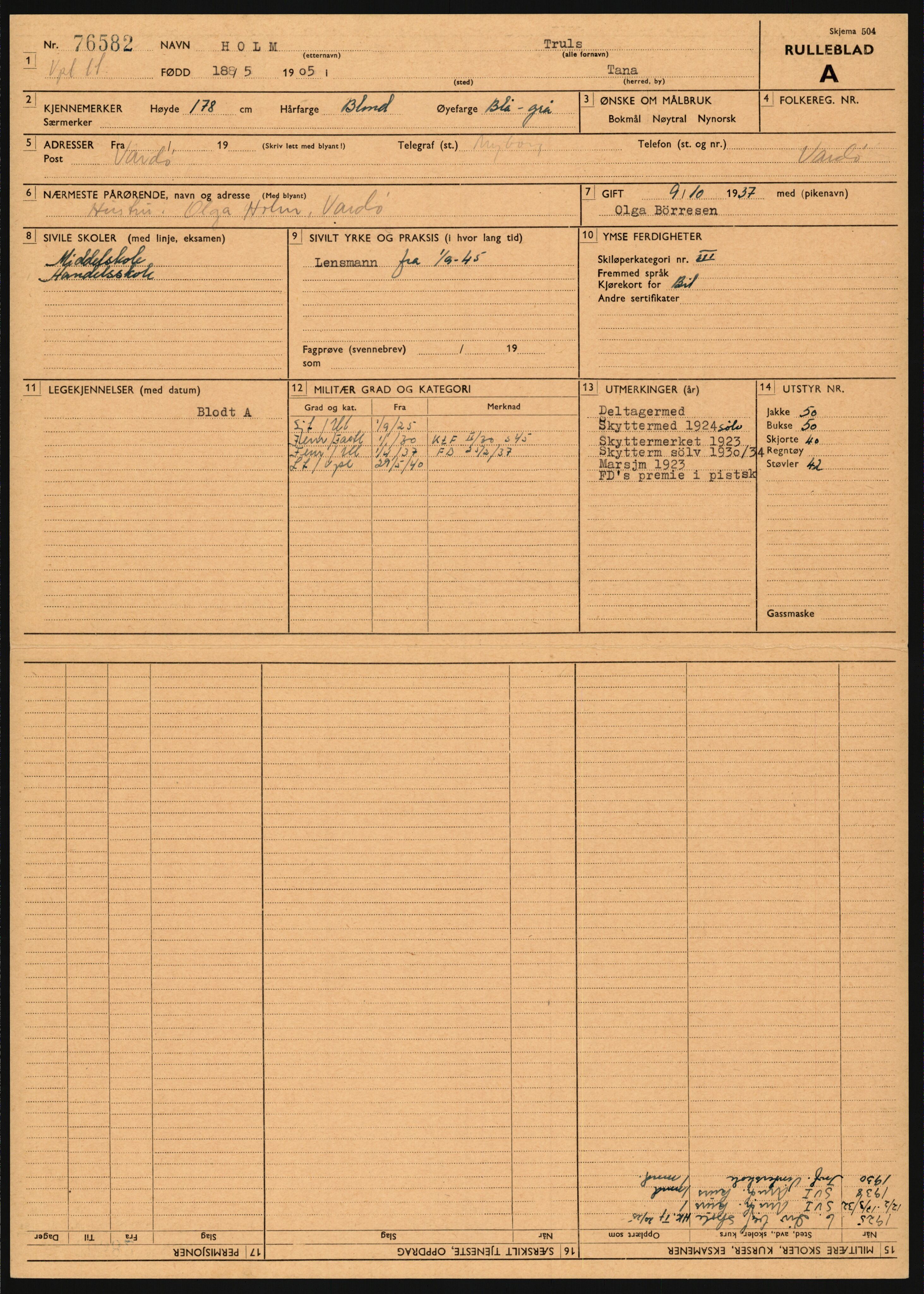 Forsvaret, Varanger bataljon, AV/RA-RAFA-2258/1/D/L0455: Rulleblad og tjenesteuttalelser for befal født 1894-1896, 1901-1909 og 1911-1915, 1894-1915, p. 38