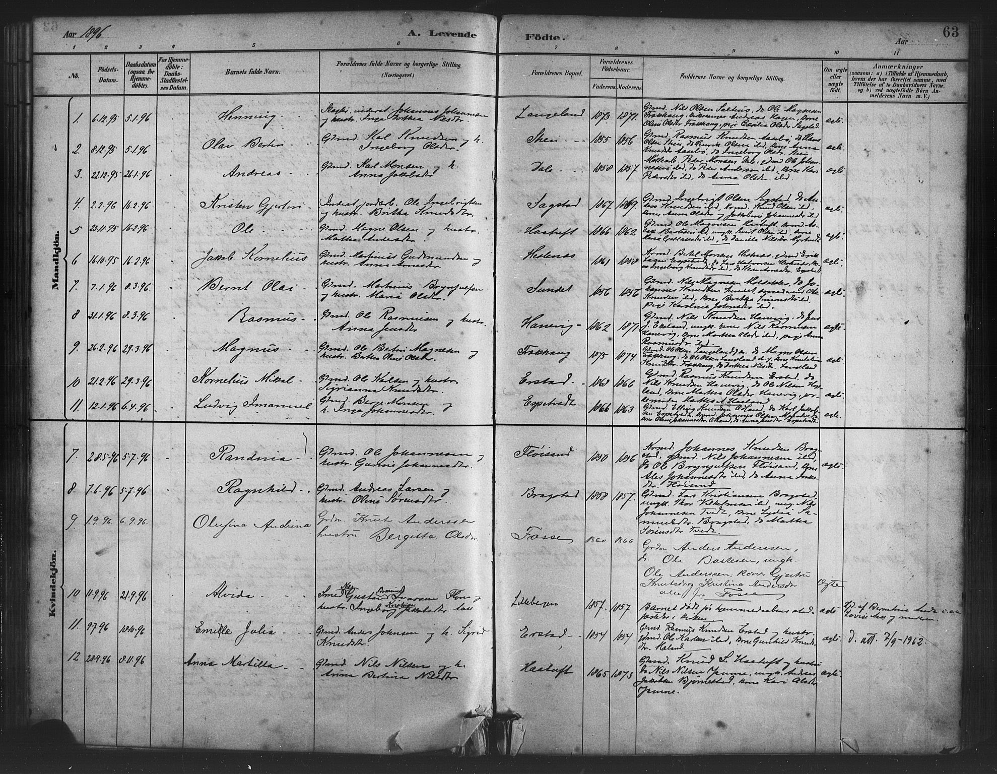 Alversund Sokneprestembete, AV/SAB-A-73901/H/Ha/Haa/Haac/L0001: Parish register (official) no. C 1, 1882-1900, p. 63