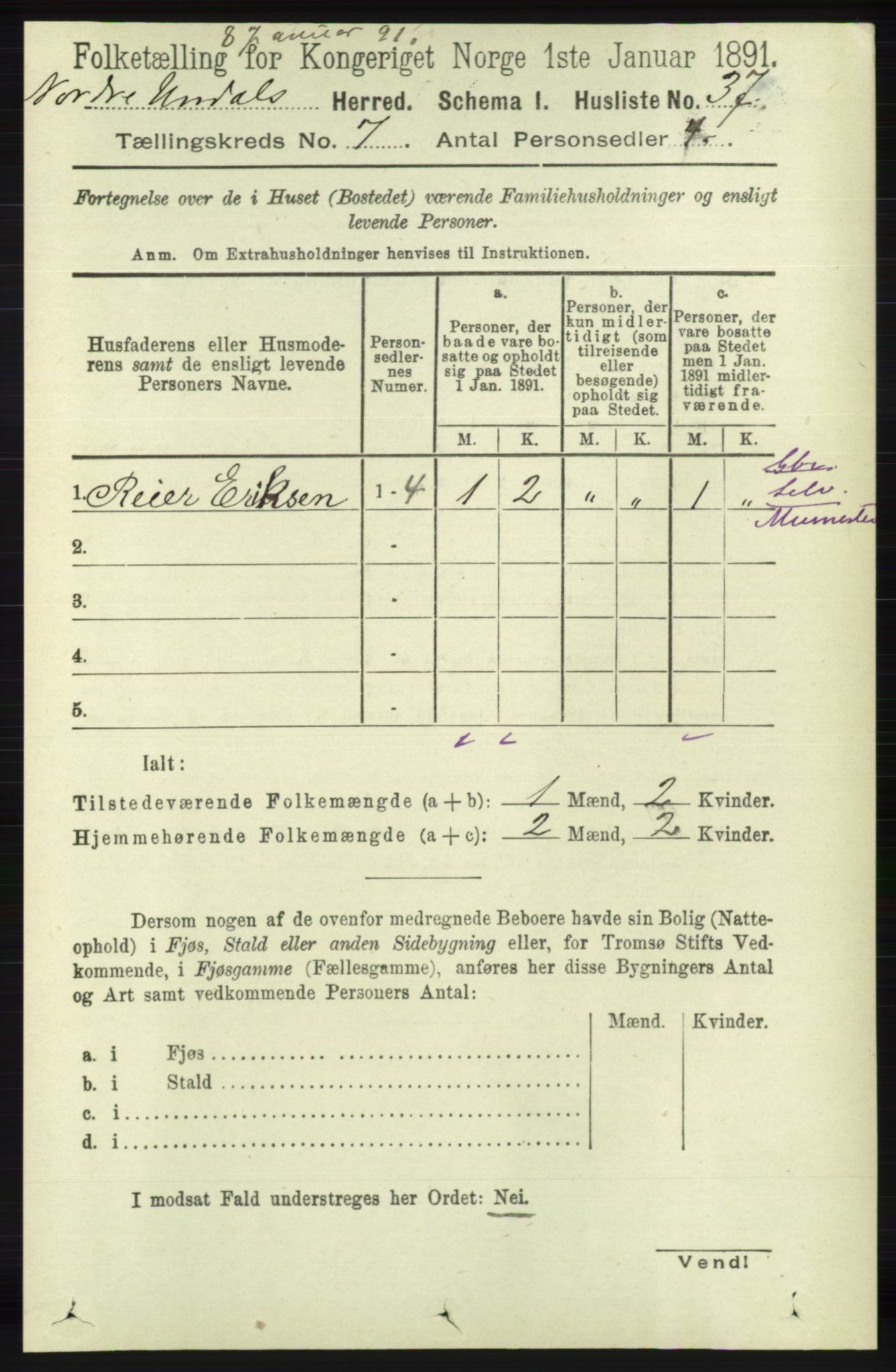 RA, 1891 census for 1028 Nord-Audnedal, 1891, p. 1769