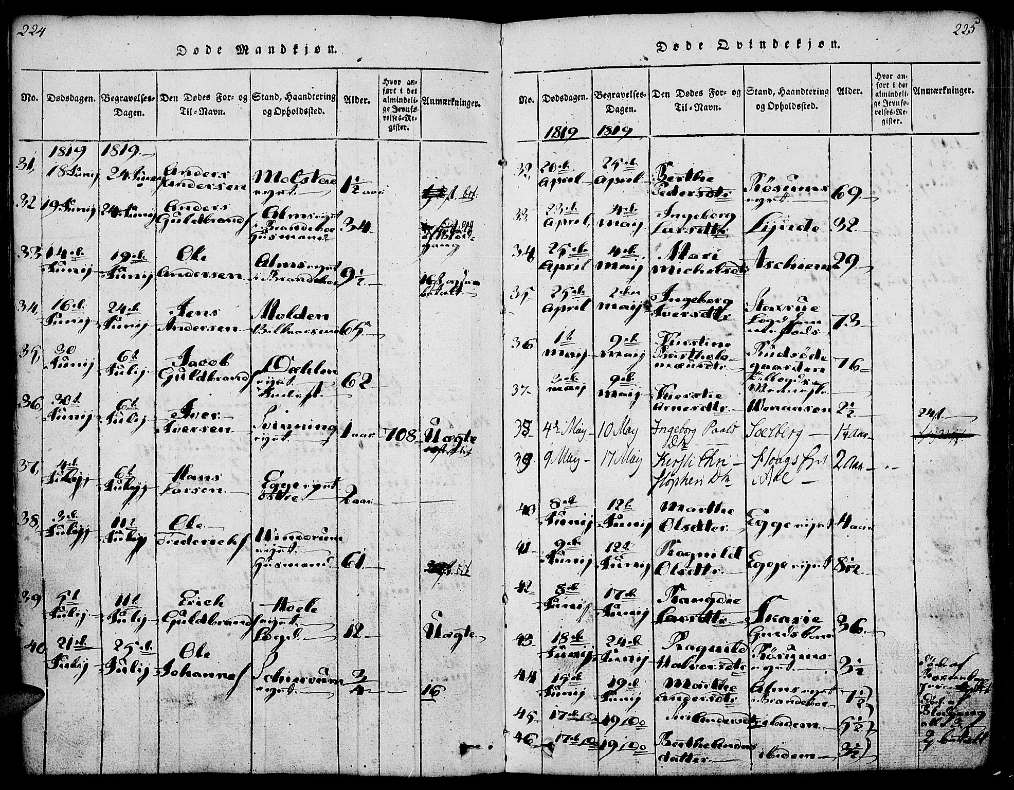 Gran prestekontor, AV/SAH-PREST-112/H/Ha/Haa/L0009: Parish register (official) no. 9, 1815-1824, p. 224-225