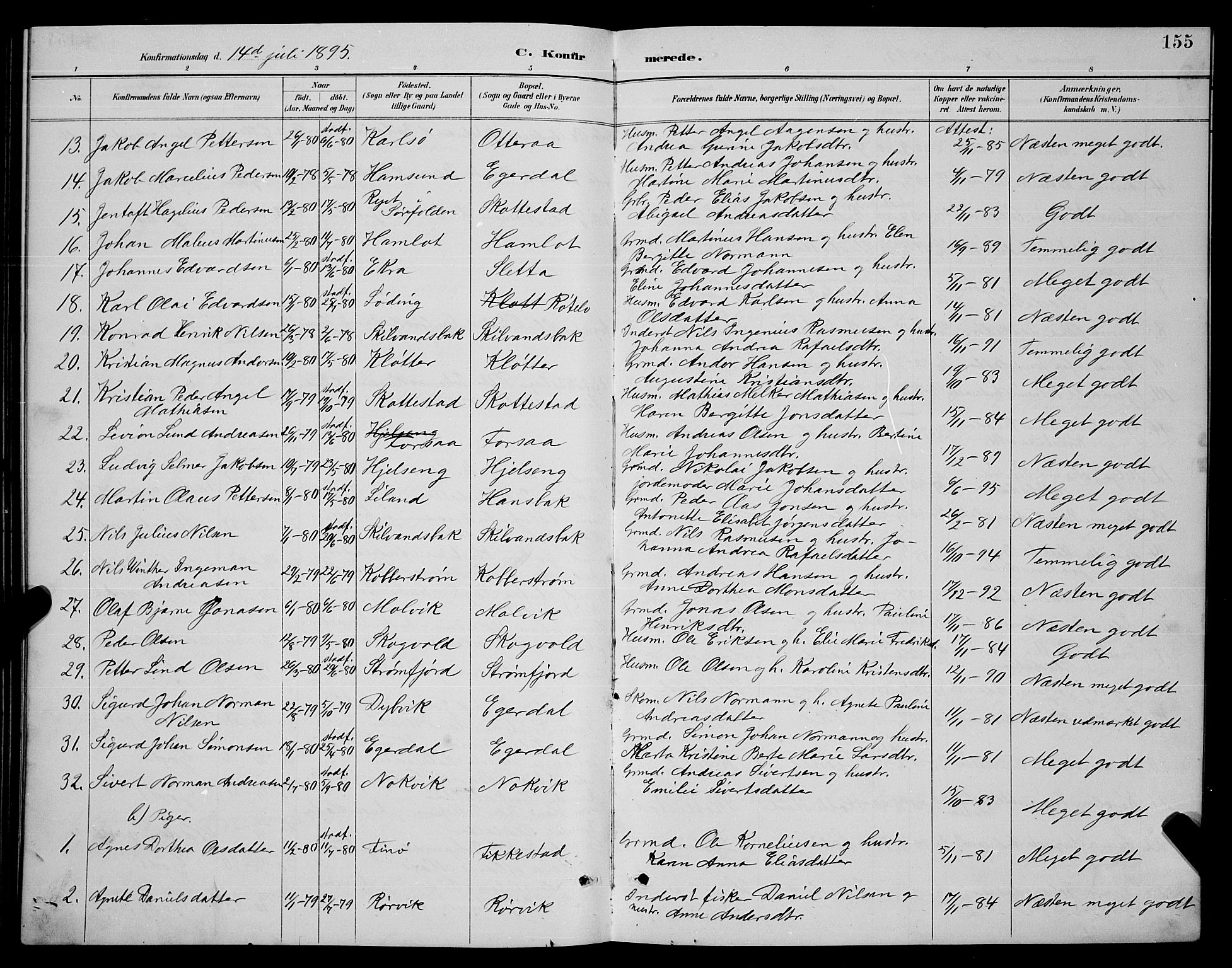 Ministerialprotokoller, klokkerbøker og fødselsregistre - Nordland, SAT/A-1459/859/L0859: Parish register (copy) no. 859C05, 1887-1898, p. 155
