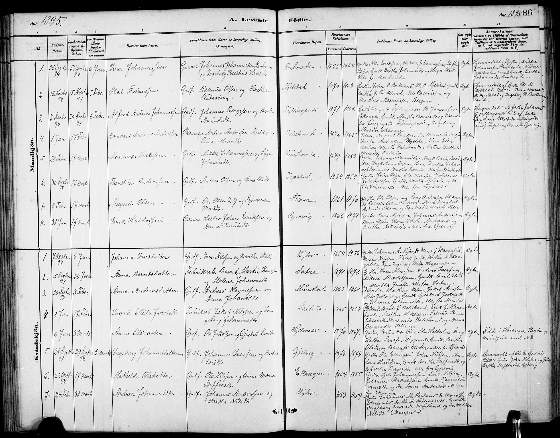 Hamre sokneprestembete, SAB/A-75501/H/Ha/Hab: Parish register (copy) no. B 3, 1881-1898, p. 86
