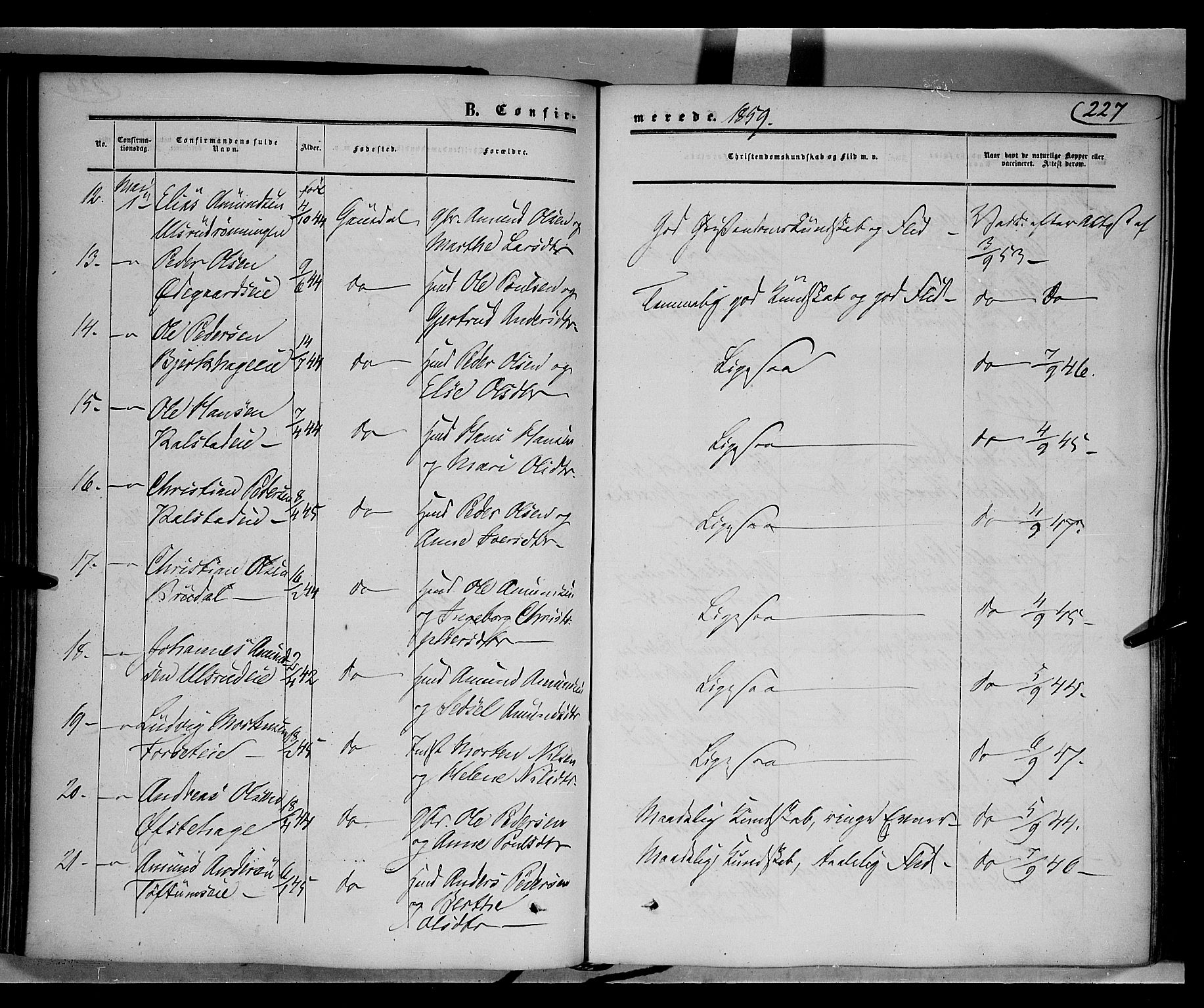 Gausdal prestekontor, SAH/PREST-090/H/Ha/Haa/L0008: Parish register (official) no. 8, 1850-1861, p. 227