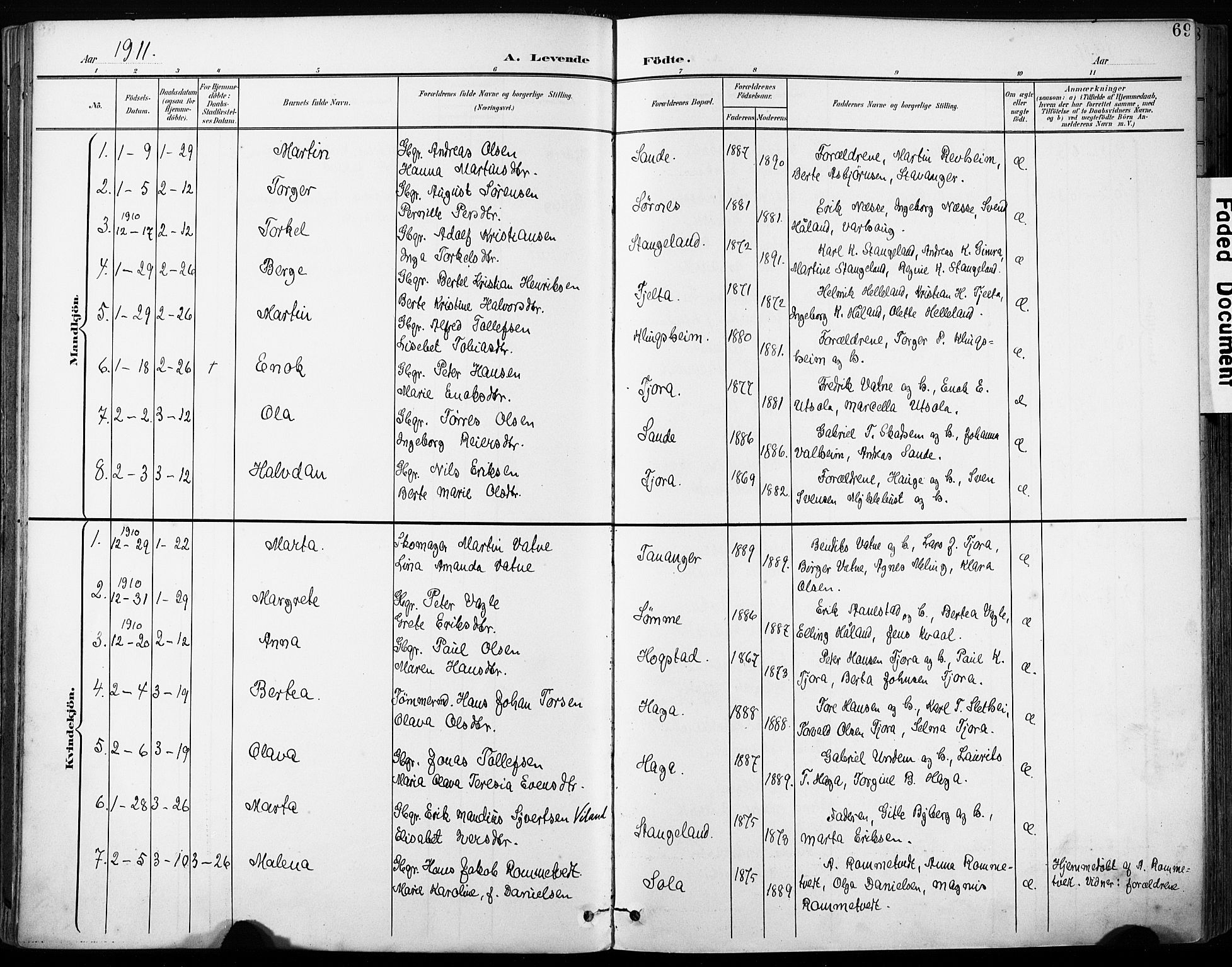 Håland sokneprestkontor, AV/SAST-A-101802/001/30BA/L0013: Parish register (official) no. A 12, 1901-1913, p. 69