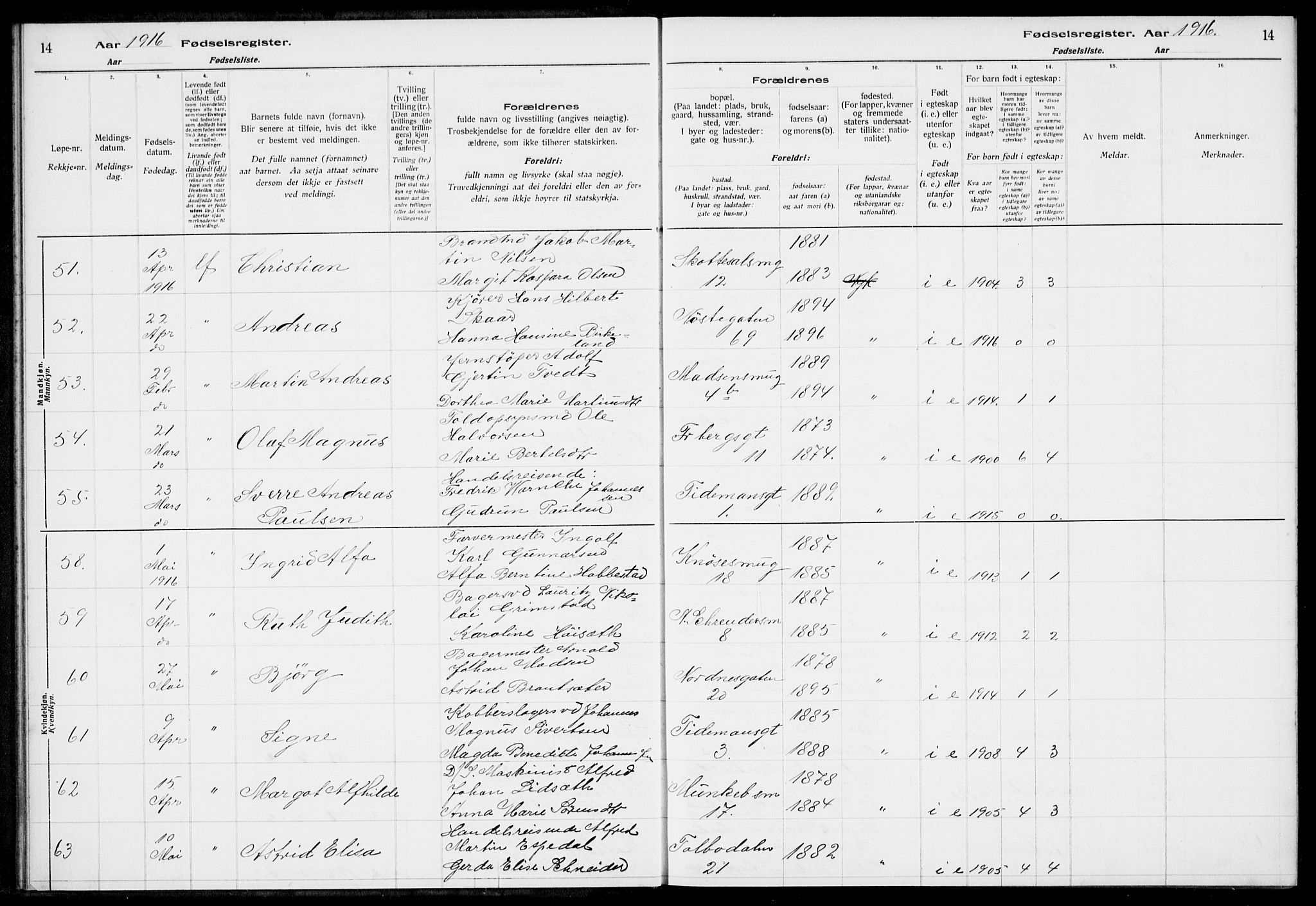 Nykirken Sokneprestembete, AV/SAB-A-77101/I/Id/L00A1: Birth register no. A 1, 1916-1922, p. 14