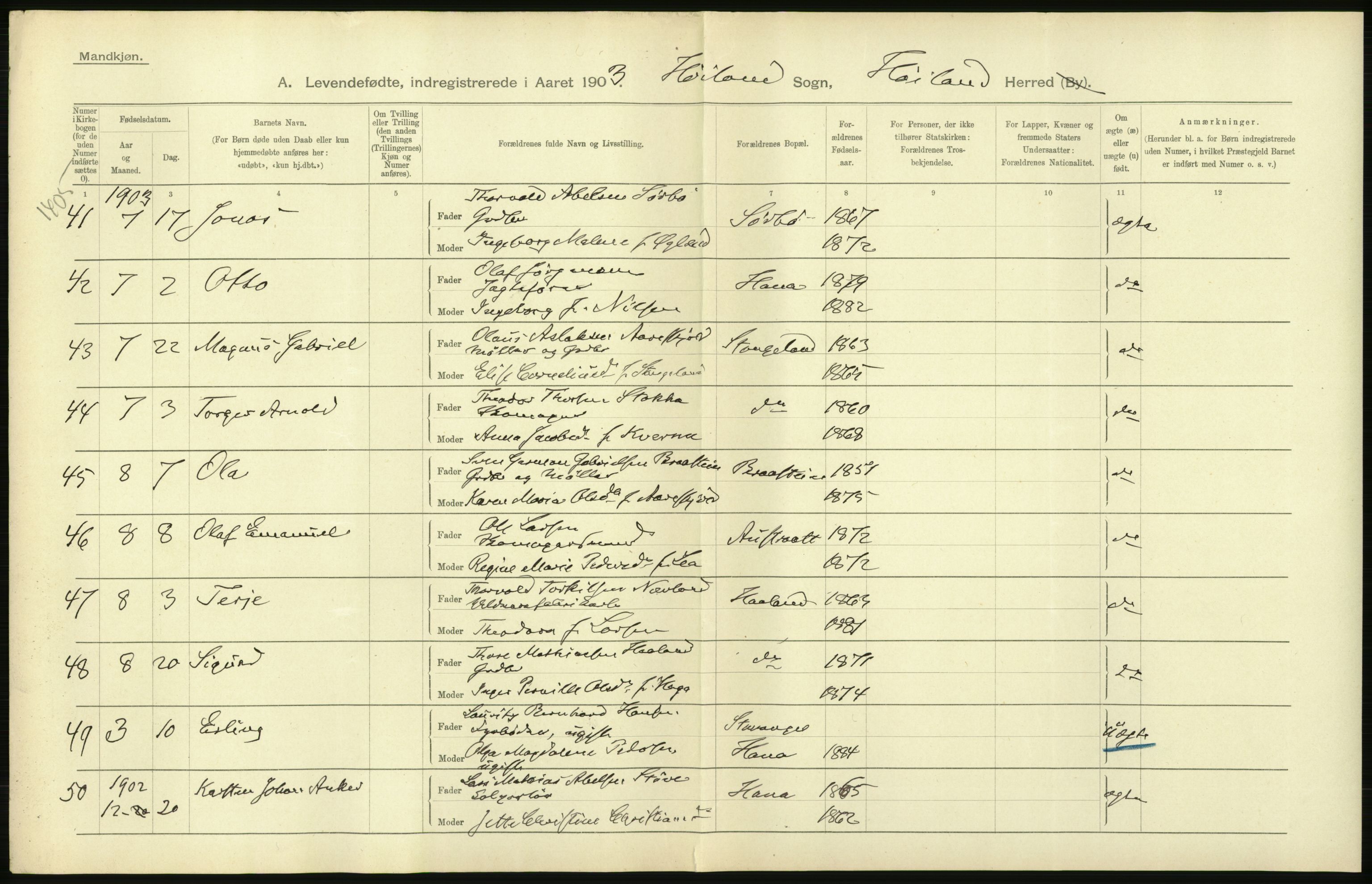 Statistisk sentralbyrå, Sosiodemografiske emner, Befolkning, AV/RA-S-2228/D/Df/Dfa/Dfaa/L0012: Stavanger amt: Fødte, gifte, døde, 1903, p. 8