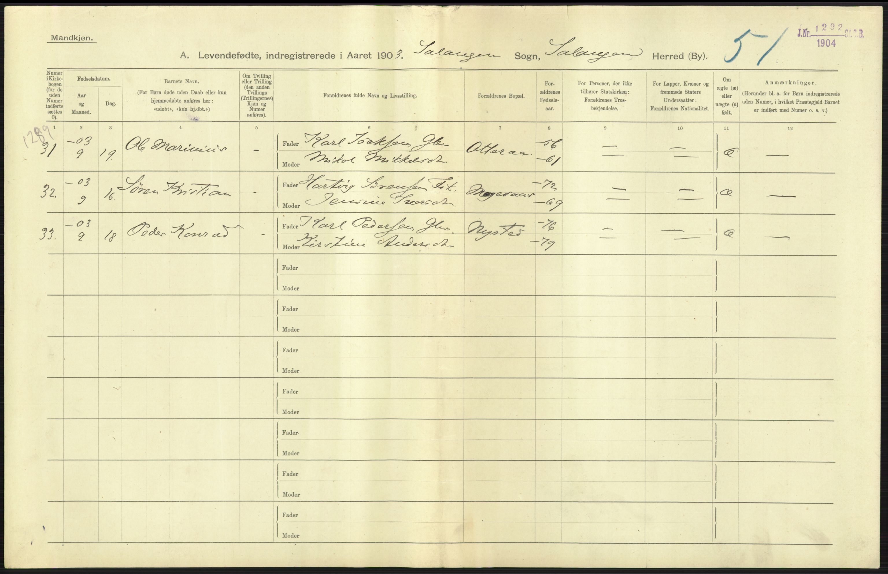 Statistisk sentralbyrå, Sosiodemografiske emner, Befolkning, AV/RA-S-2228/D/Df/Dfa/Dfaa/L0021: Tromsø amt: Fødte, gifte, døde., 1903, p. 23