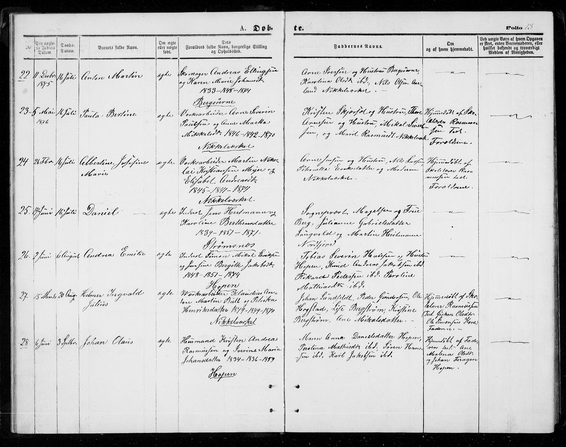 Berg sokneprestkontor, AV/SATØ-S-1318/G/Ga/Gab/L0003klokker: Parish register (copy) no. 3, 1874-1886, p. 13