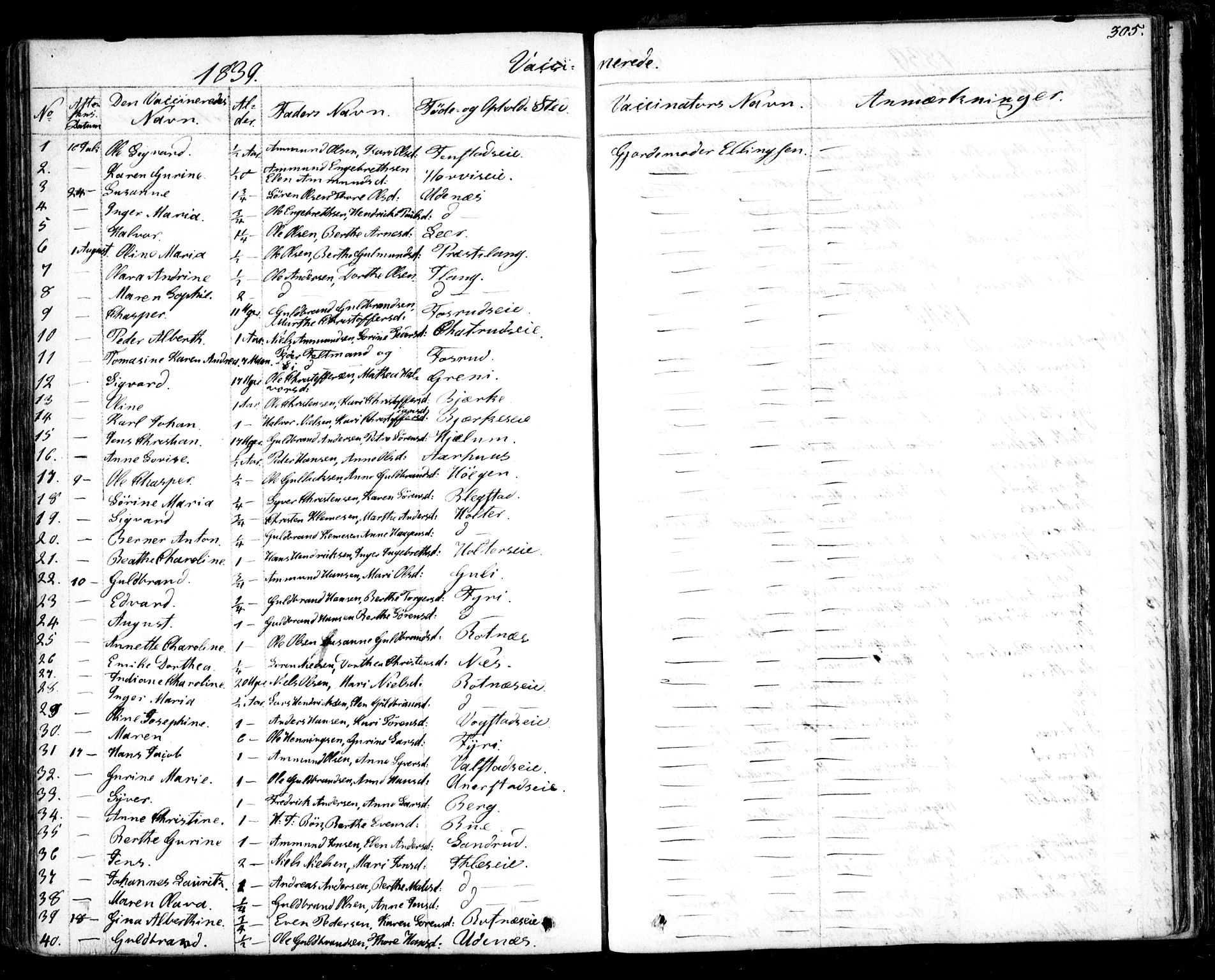 Nes prestekontor Kirkebøker, AV/SAO-A-10410/F/Fa/L0006: Parish register (official) no. I 6, 1833-1845, p. 305