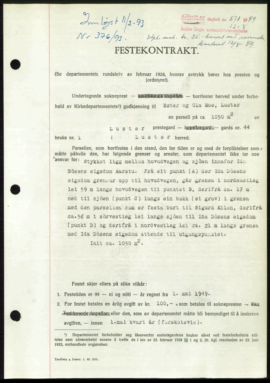 Indre Sogn tingrett, SAB/A-3301/1/G/Gb/Gbb/L0010: Mortgage book no. A10, 1949-1949, Diary no: : 571/1949
