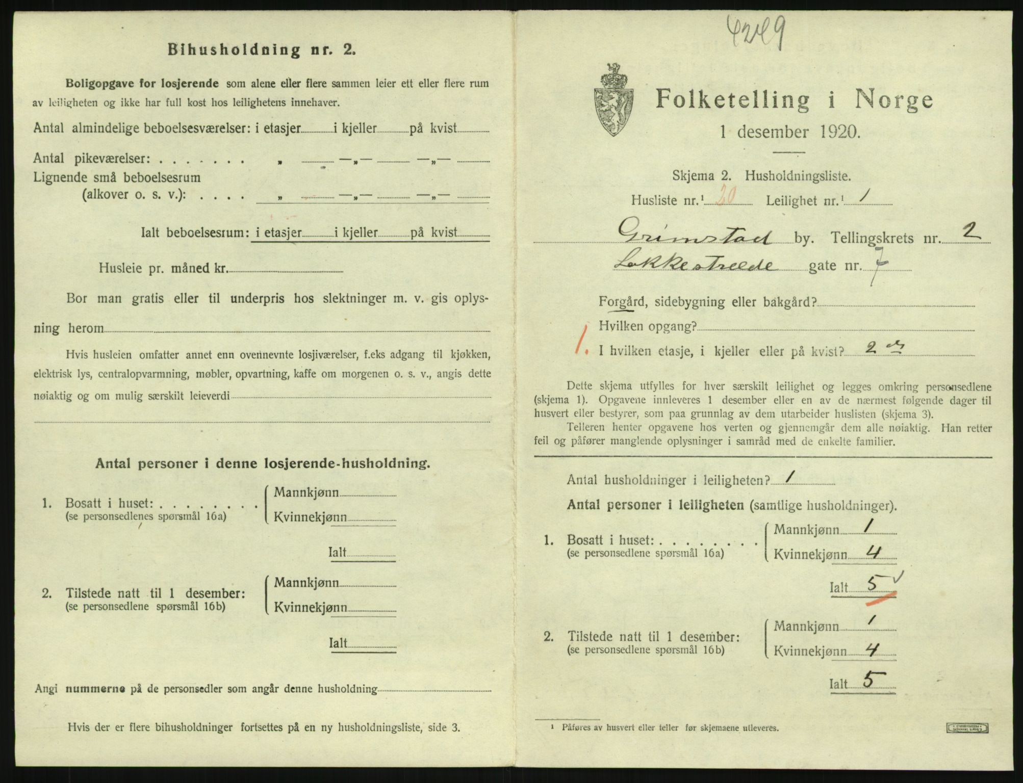 SAK, 1920 census for Grimstad, 1920, p. 1325