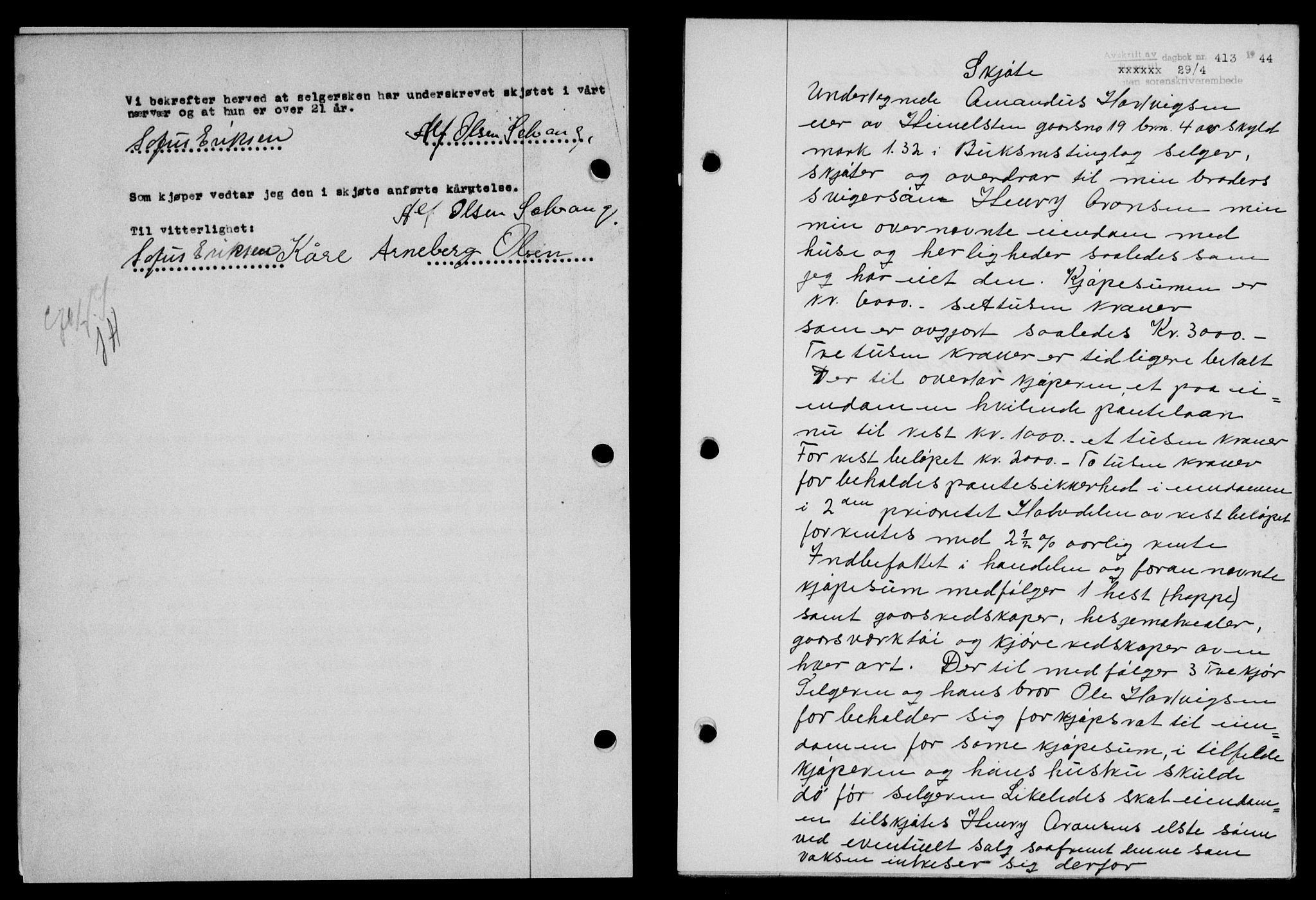 Lofoten sorenskriveri, SAT/A-0017/1/2/2C/L0012a: Mortgage book no. 12a, 1943-1944, Diary no: : 413/1944