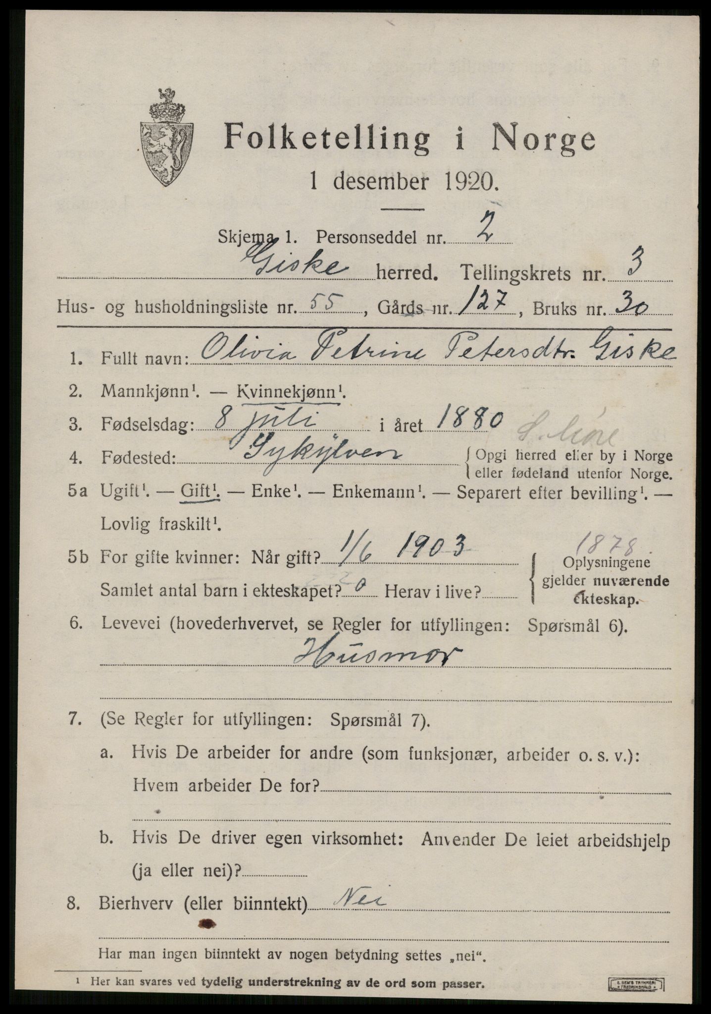 SAT, 1920 census for Giske, 1920, p. 2600