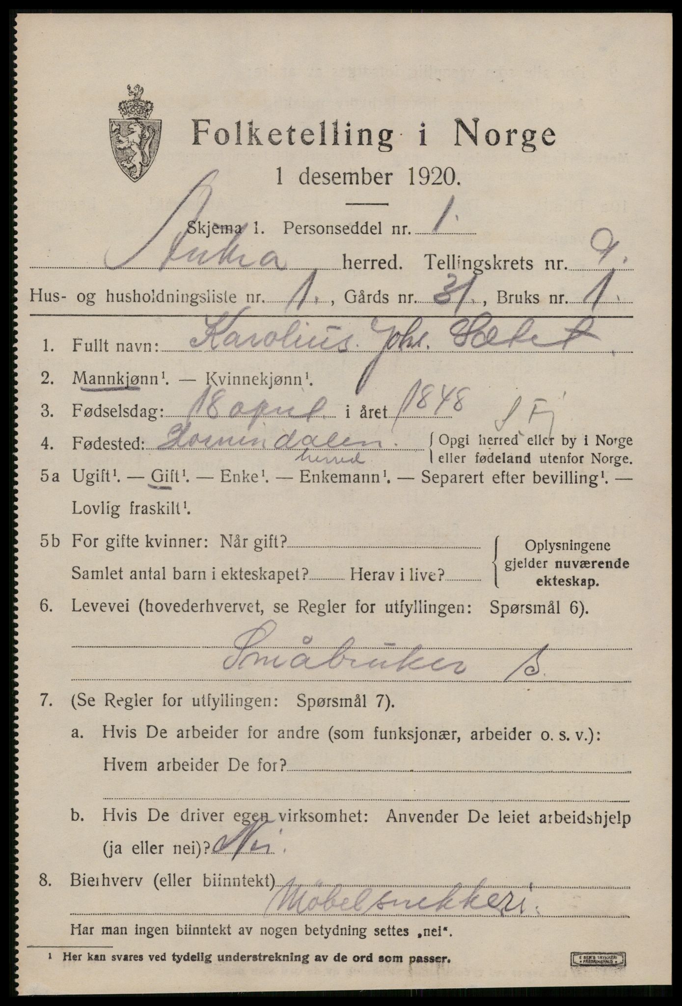 SAT, 1920 census for Aukra, 1920, p. 4543