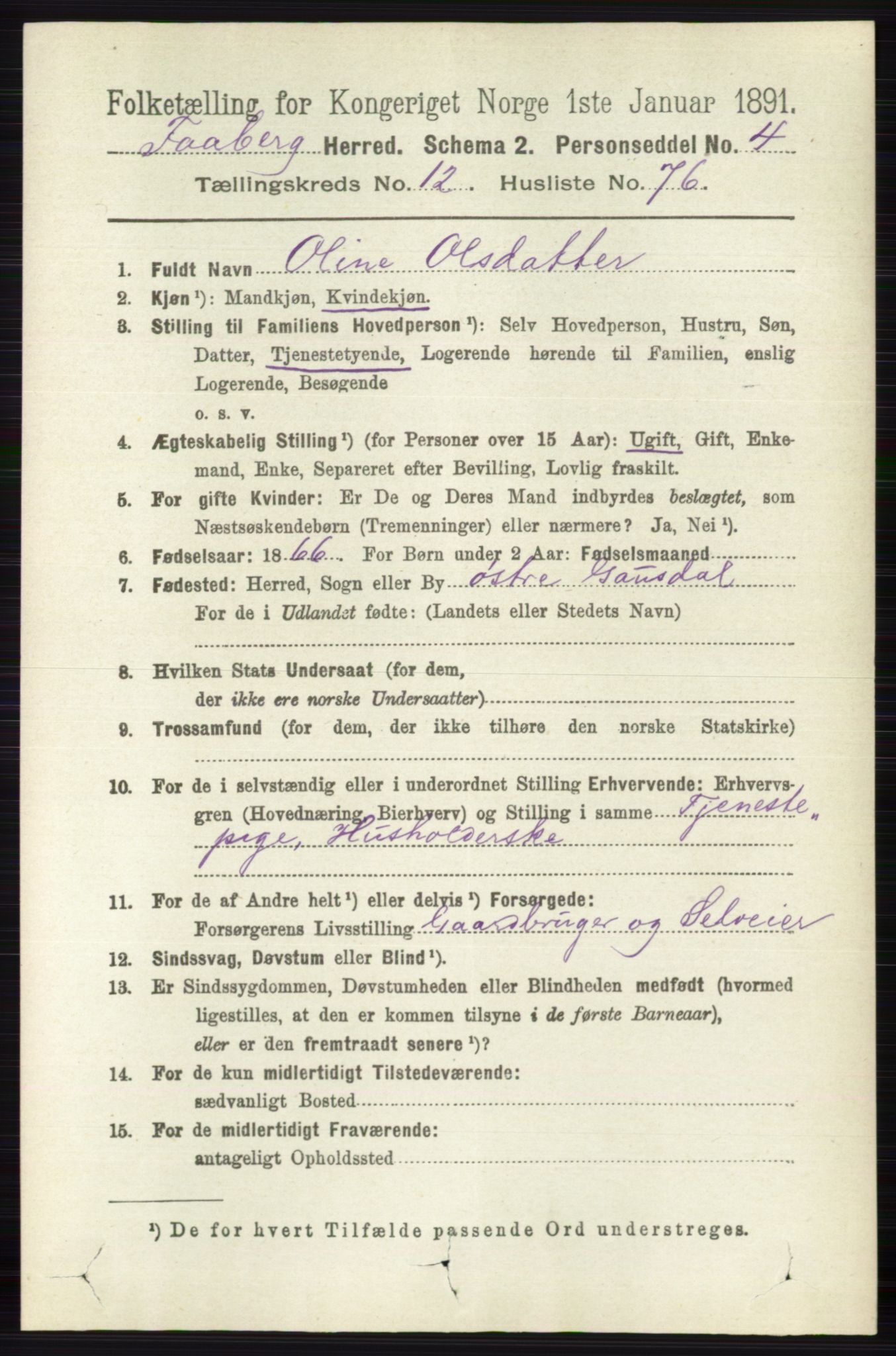 RA, 1891 census for 0524 Fåberg, 1891, p. 5168