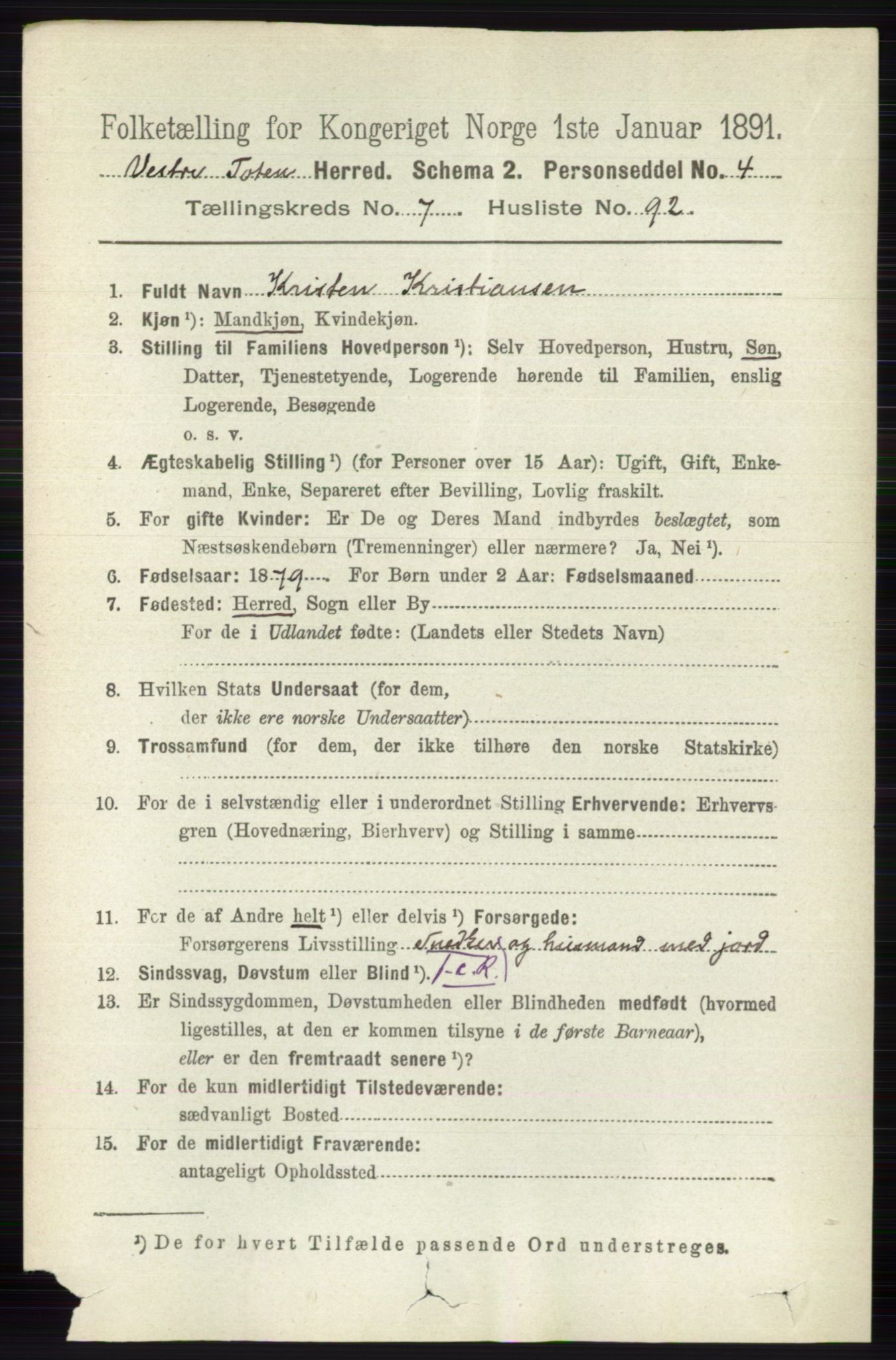 RA, 1891 census for 0529 Vestre Toten, 1891, p. 4905