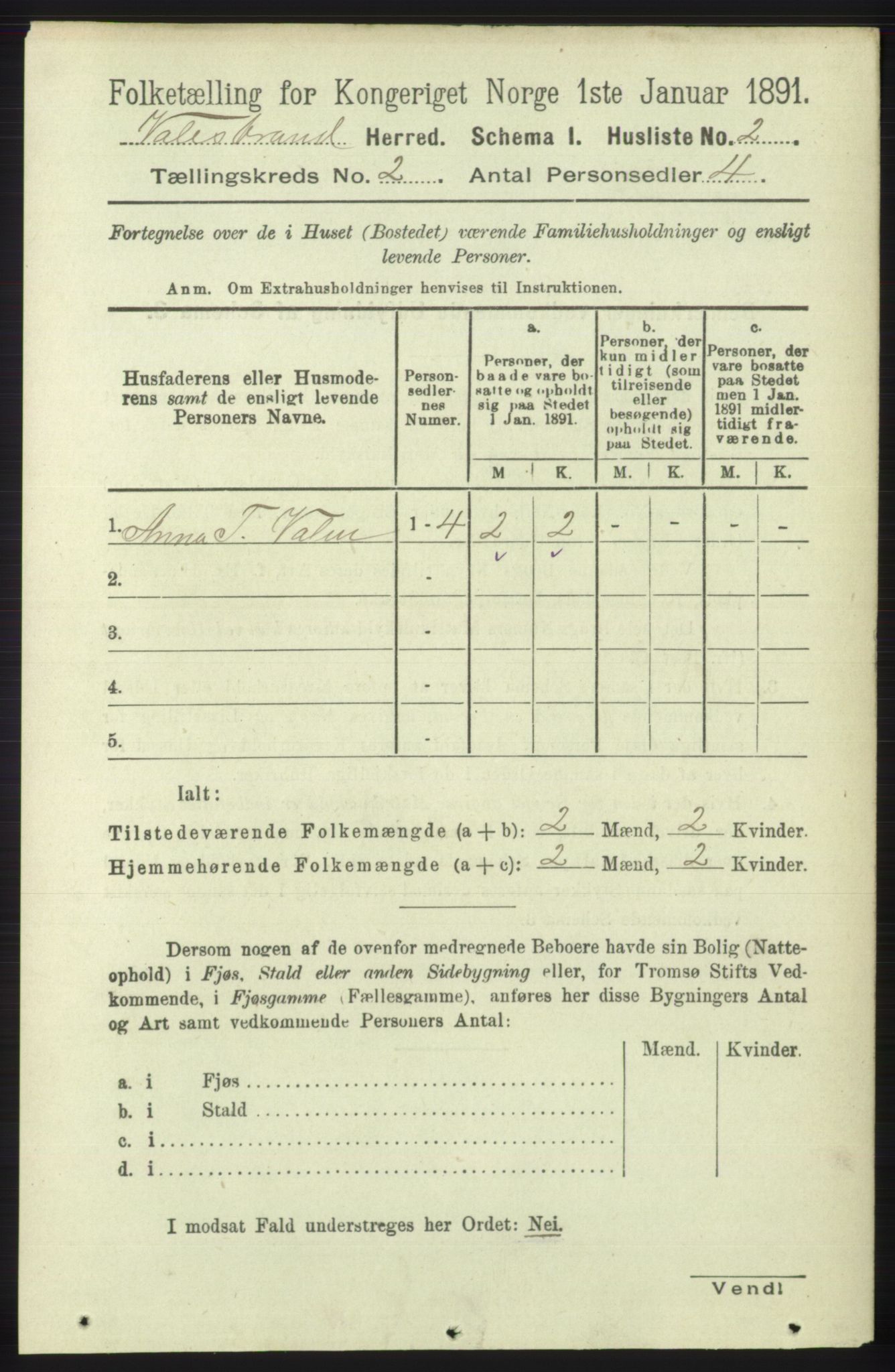 RA, 1891 census for 1217 Valestrand, 1891, p. 261