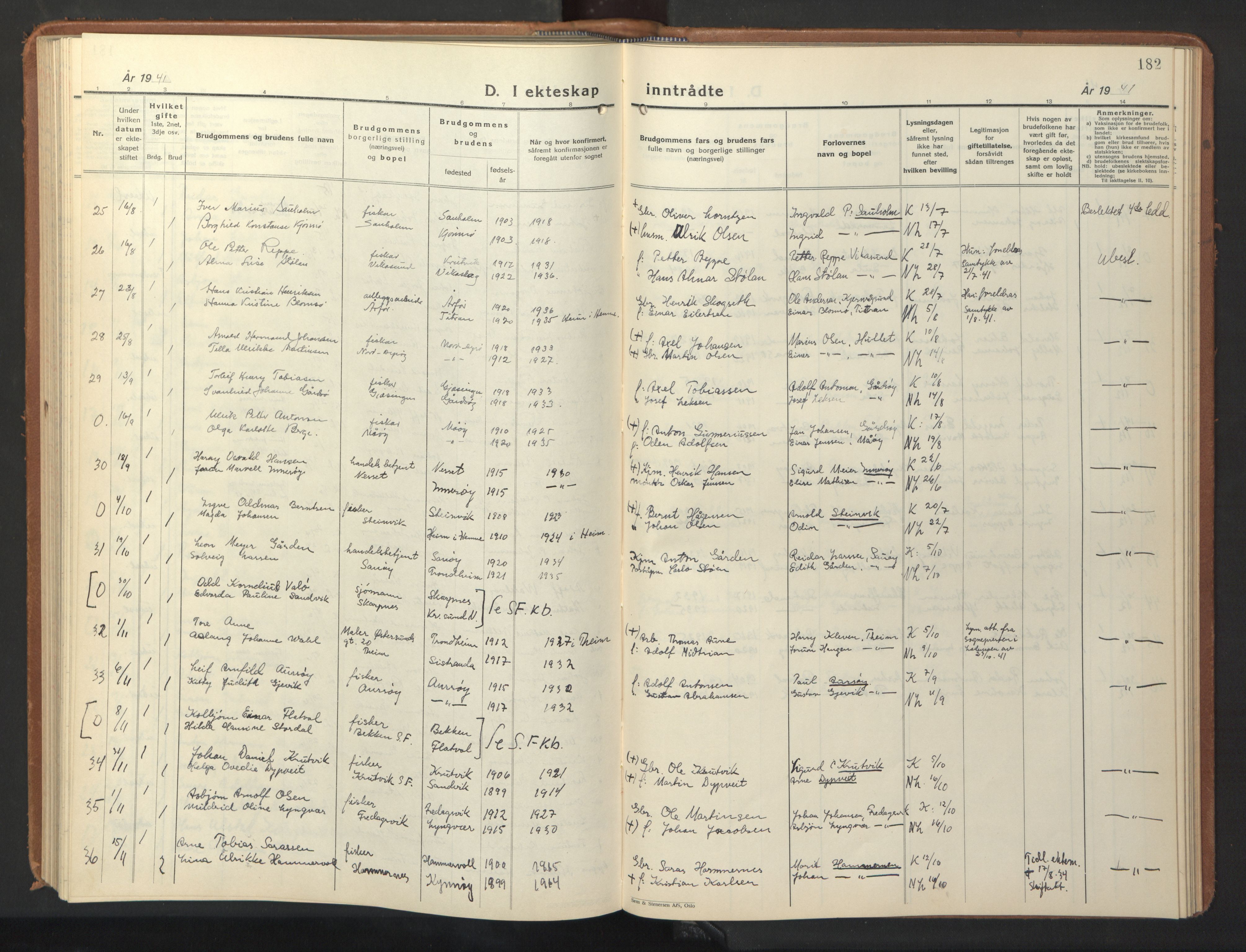 Ministerialprotokoller, klokkerbøker og fødselsregistre - Sør-Trøndelag, AV/SAT-A-1456/640/L0590: Parish register (copy) no. 640C07, 1935-1948, p. 182