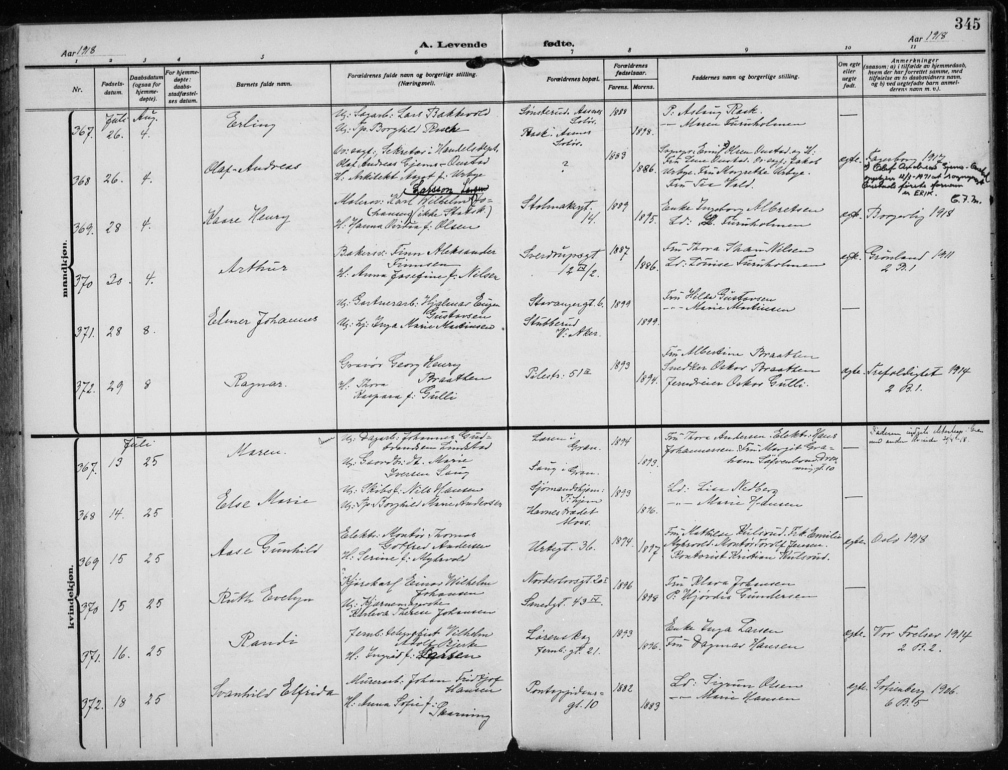 Rikshospitalet prestekontor Kirkebøker, SAO/A-10309b/F/L0016: Parish register (official) no. 16, 1916-1918, p. 345