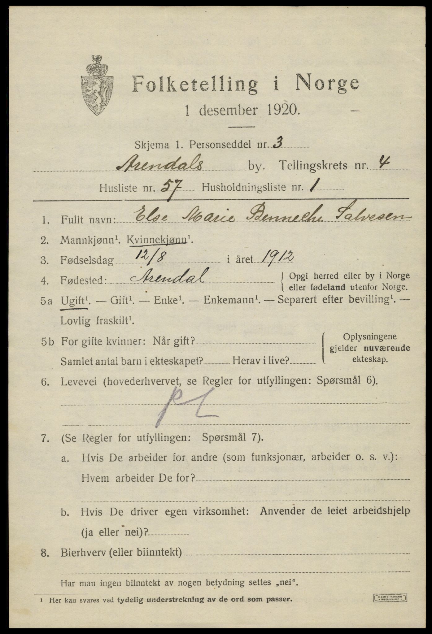 SAK, 1920 census for Arendal, 1920, p. 12438