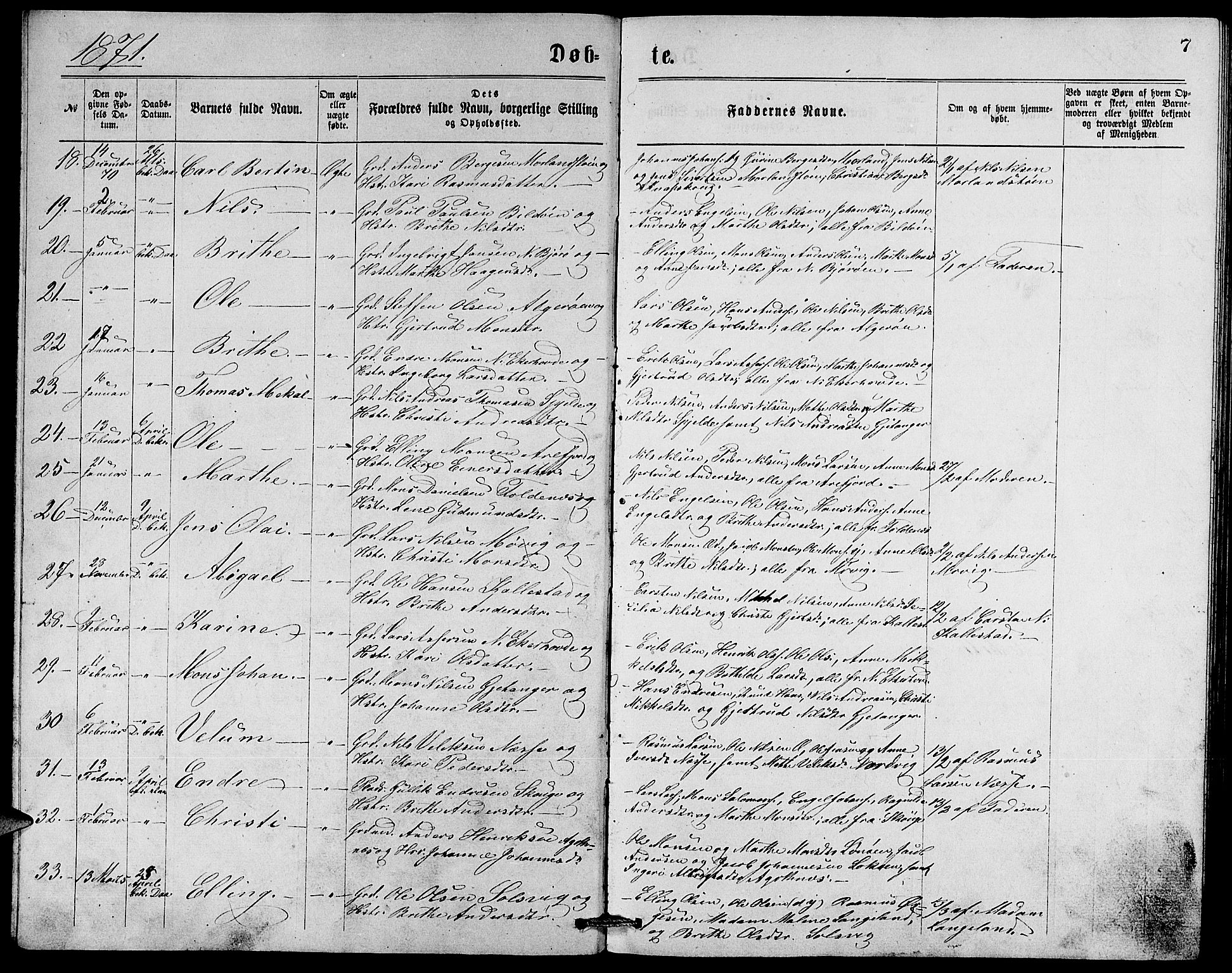Fjell sokneprestembete, SAB/A-75301/H/Hab: Parish register (copy) no. A 2, 1871-1879, p. 7