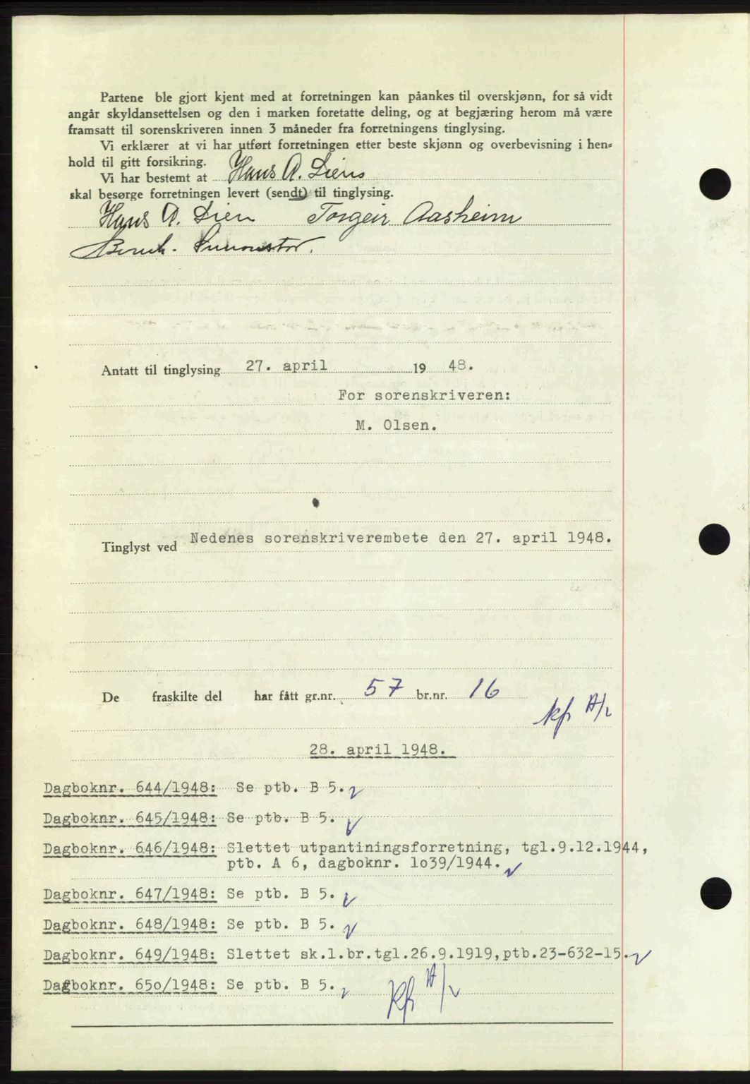 Nedenes sorenskriveri, AV/SAK-1221-0006/G/Gb/Gba/L0059: Mortgage book no. A11, 1948-1948, Diary no: : 643/1948