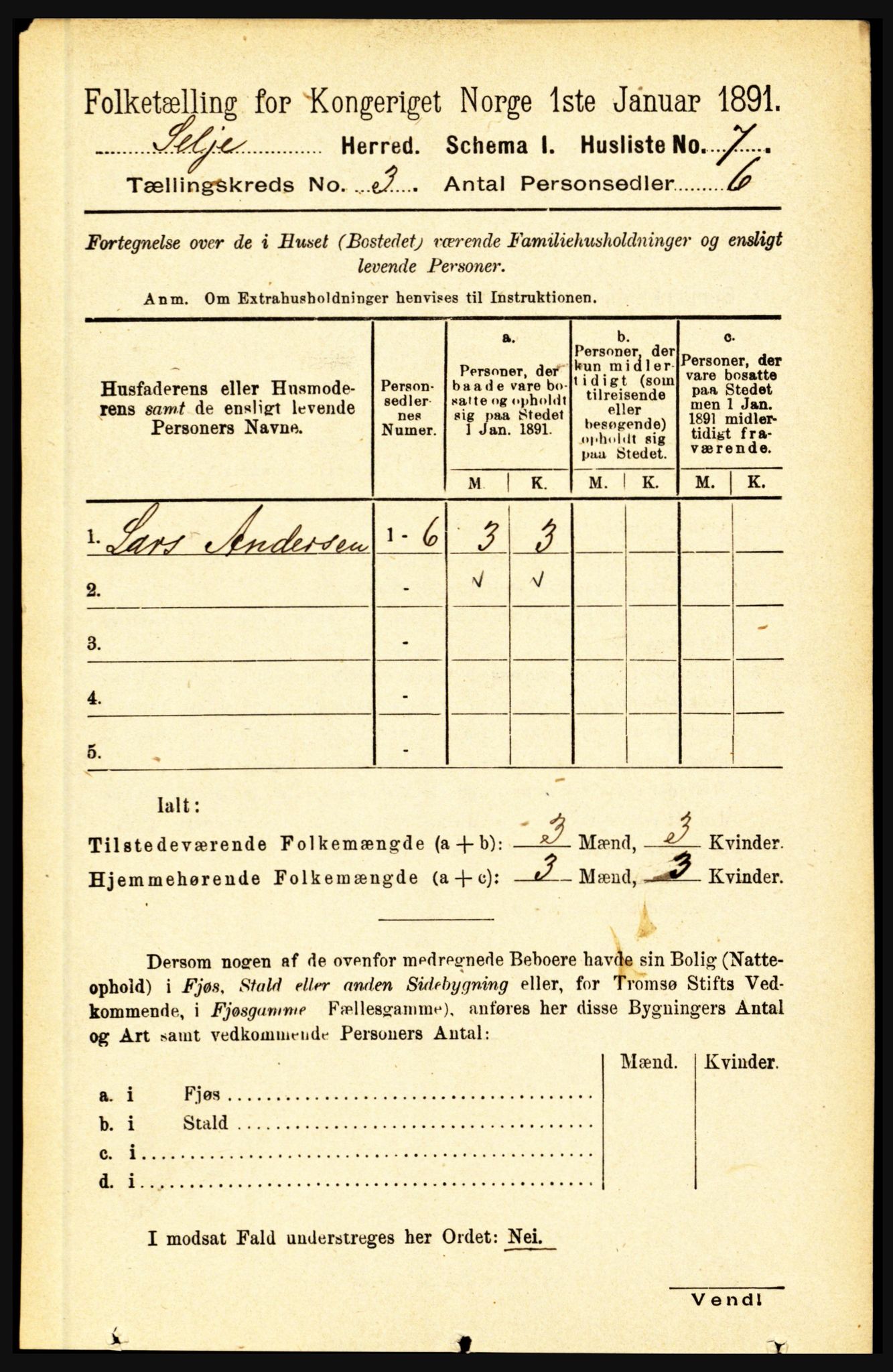 RA, 1891 census for 1441 Selje, 1891, p. 593