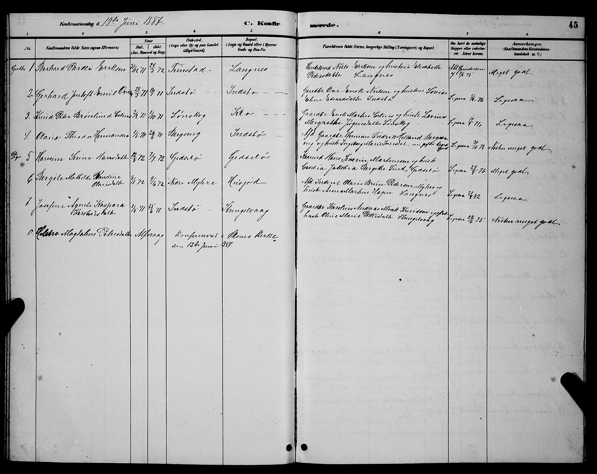 Ministerialprotokoller, klokkerbøker og fødselsregistre - Nordland, AV/SAT-A-1459/894/L1360: Parish register (copy) no. 894C03, 1885-1888, p. 45