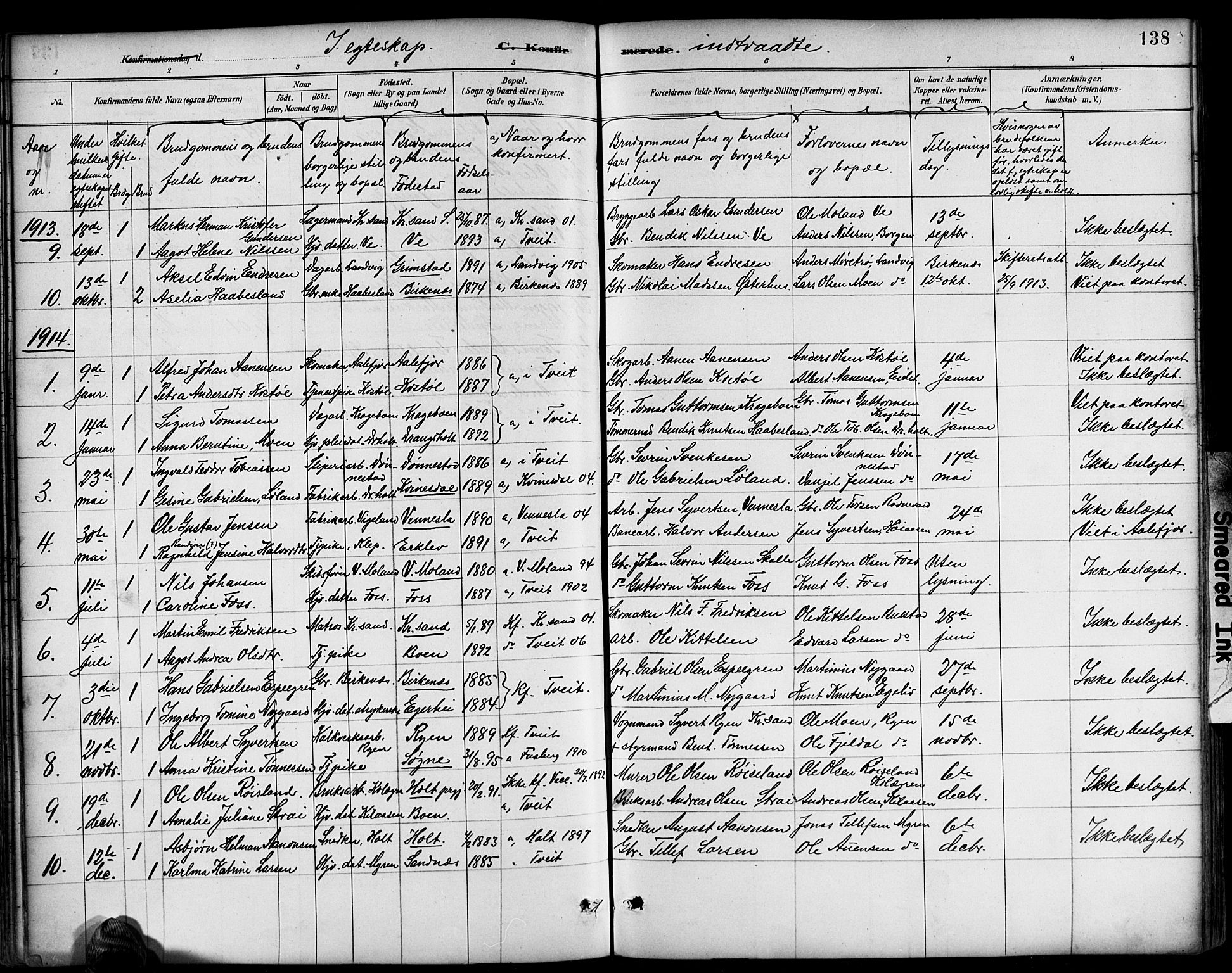 Tveit sokneprestkontor, SAK/1111-0043/F/Fb/L0004: Parish register (copy) no. B 4, 1887-1914, p. 138