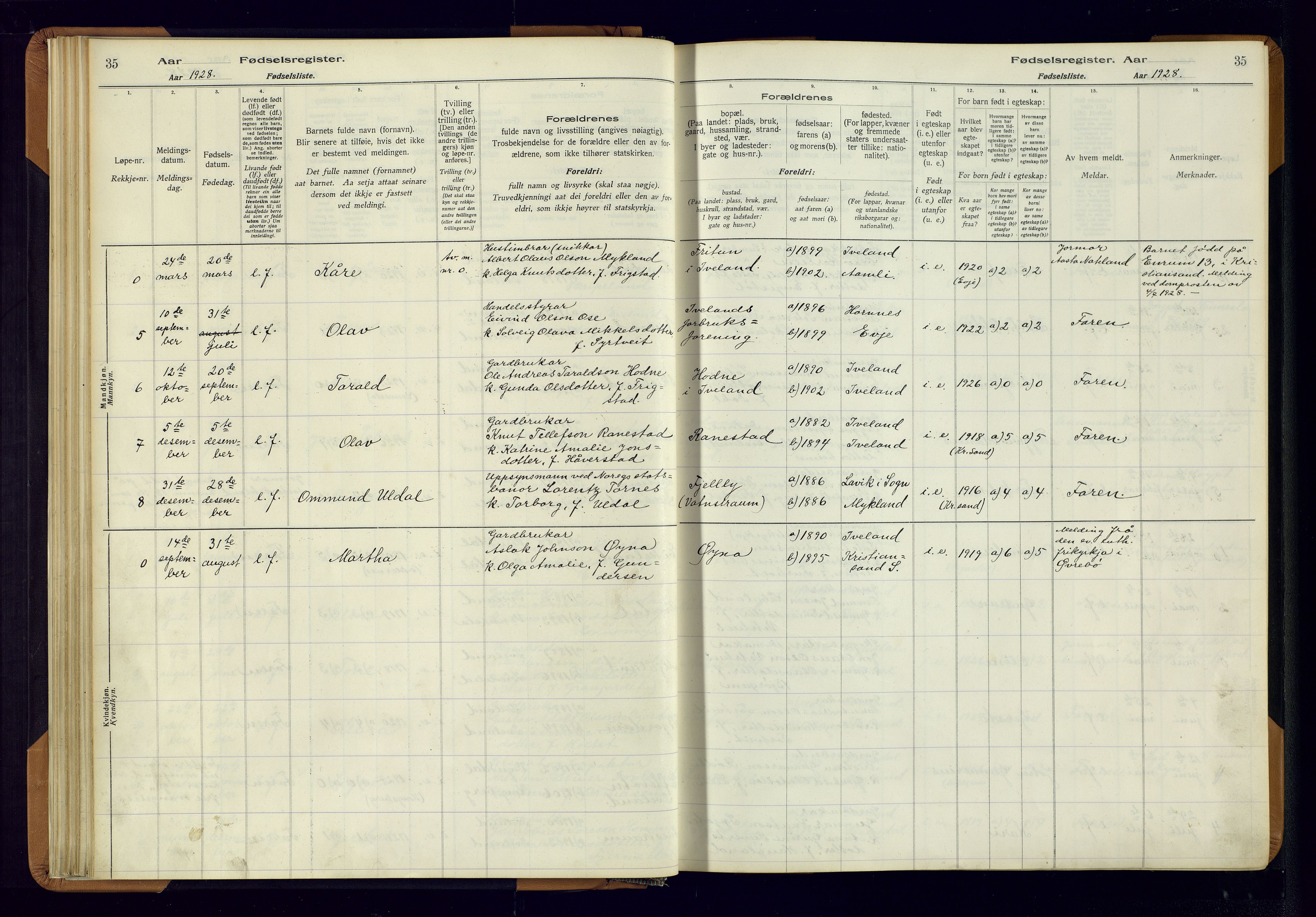 Evje sokneprestkontor, AV/SAK-1111-0008/J/Jc/L0003: Birth register no. II.4.3, 1916-1982, p. 35