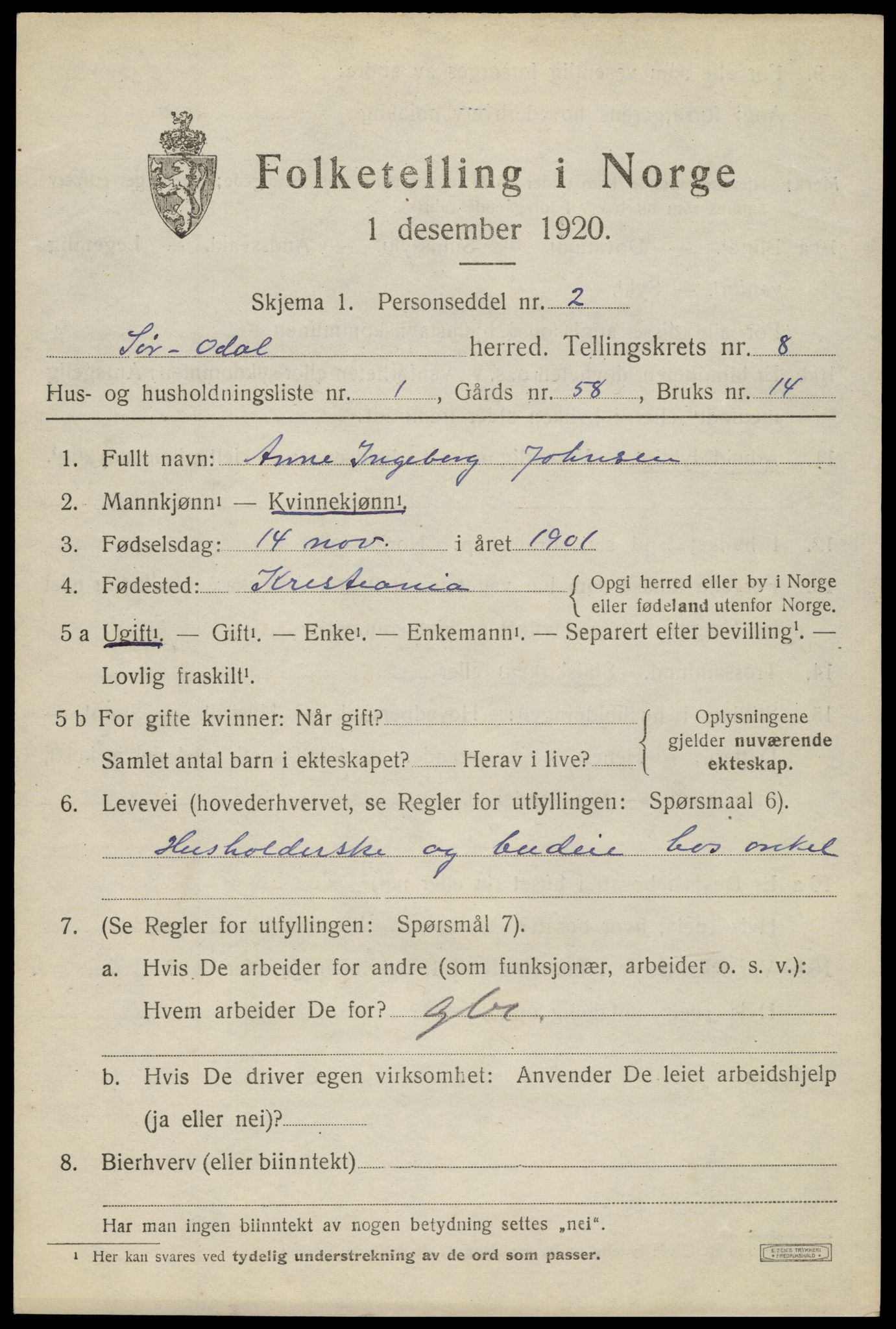 SAH, 1920 census for Sør-Odal, 1920, p. 9285