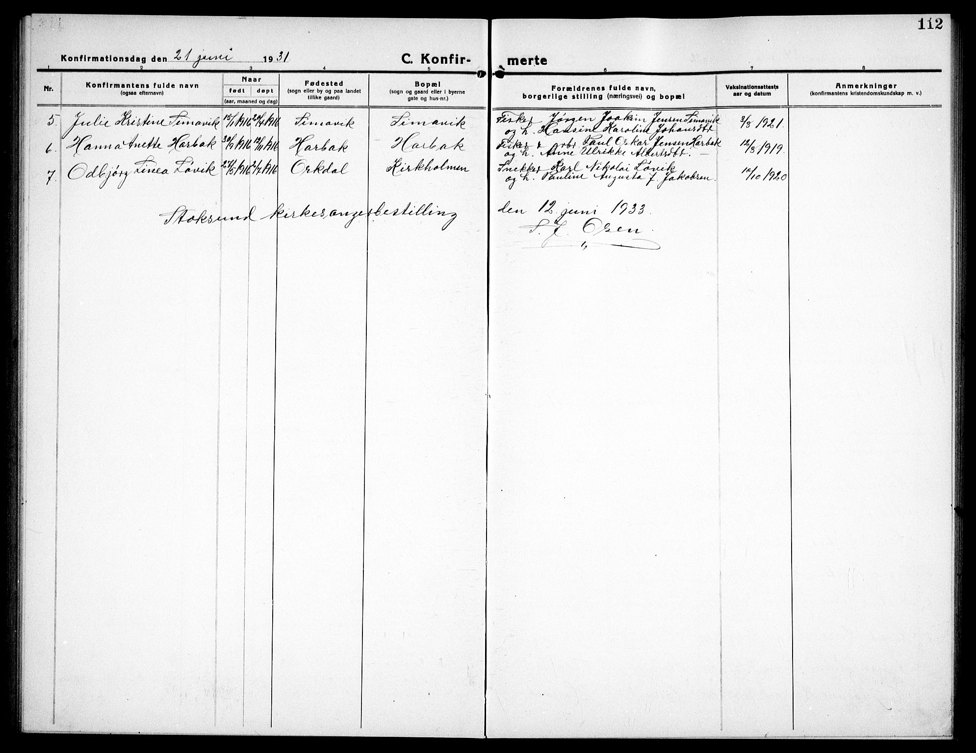 Ministerialprotokoller, klokkerbøker og fødselsregistre - Sør-Trøndelag, SAT/A-1456/656/L0696: Parish register (copy) no. 656C02, 1921-1937, p. 112