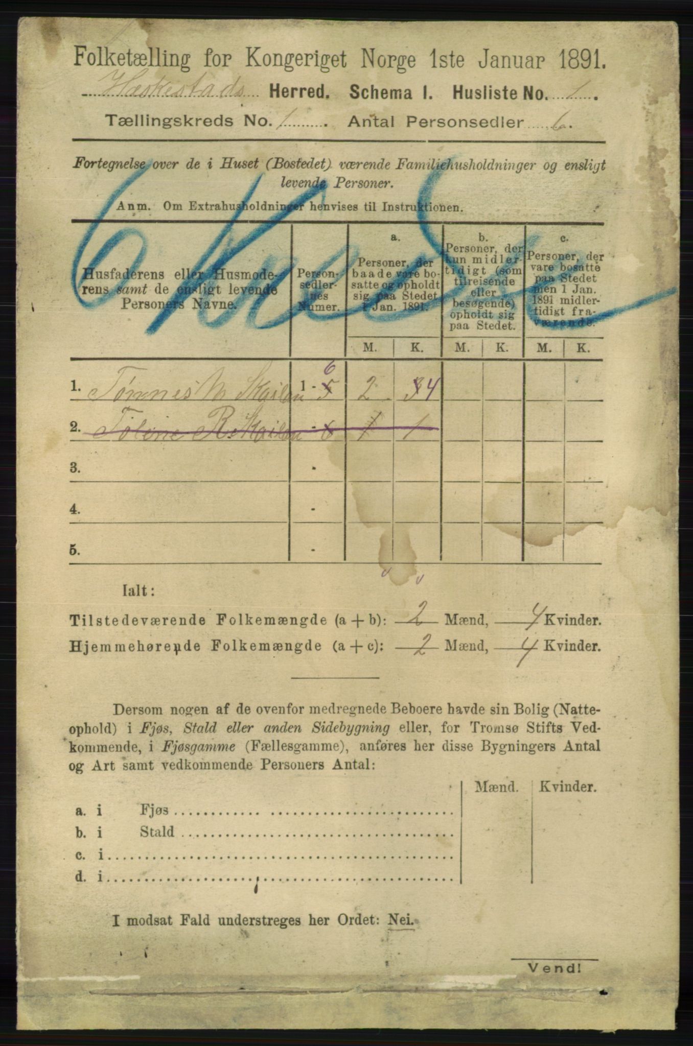 RA, 1891 census for 1113 Heskestad, 1891, p. 19