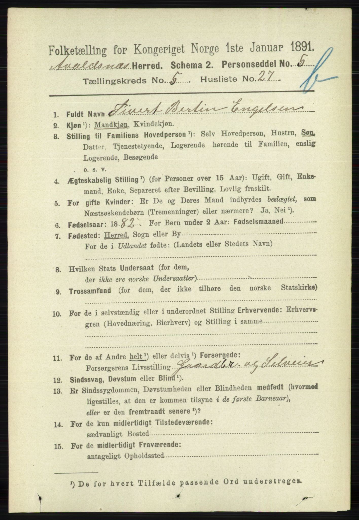 RA, 1891 census for 1147 Avaldsnes, 1891, p. 3149