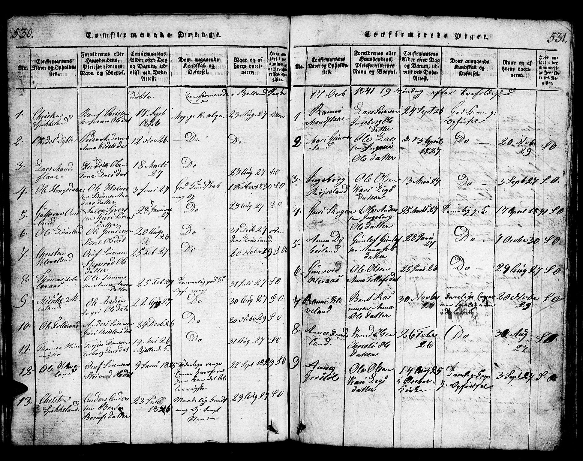 Bjelland sokneprestkontor, SAK/1111-0005/F/Fb/Fbb/L0003: Parish register (copy) no. B 3, 1816-1868, p. 530-531