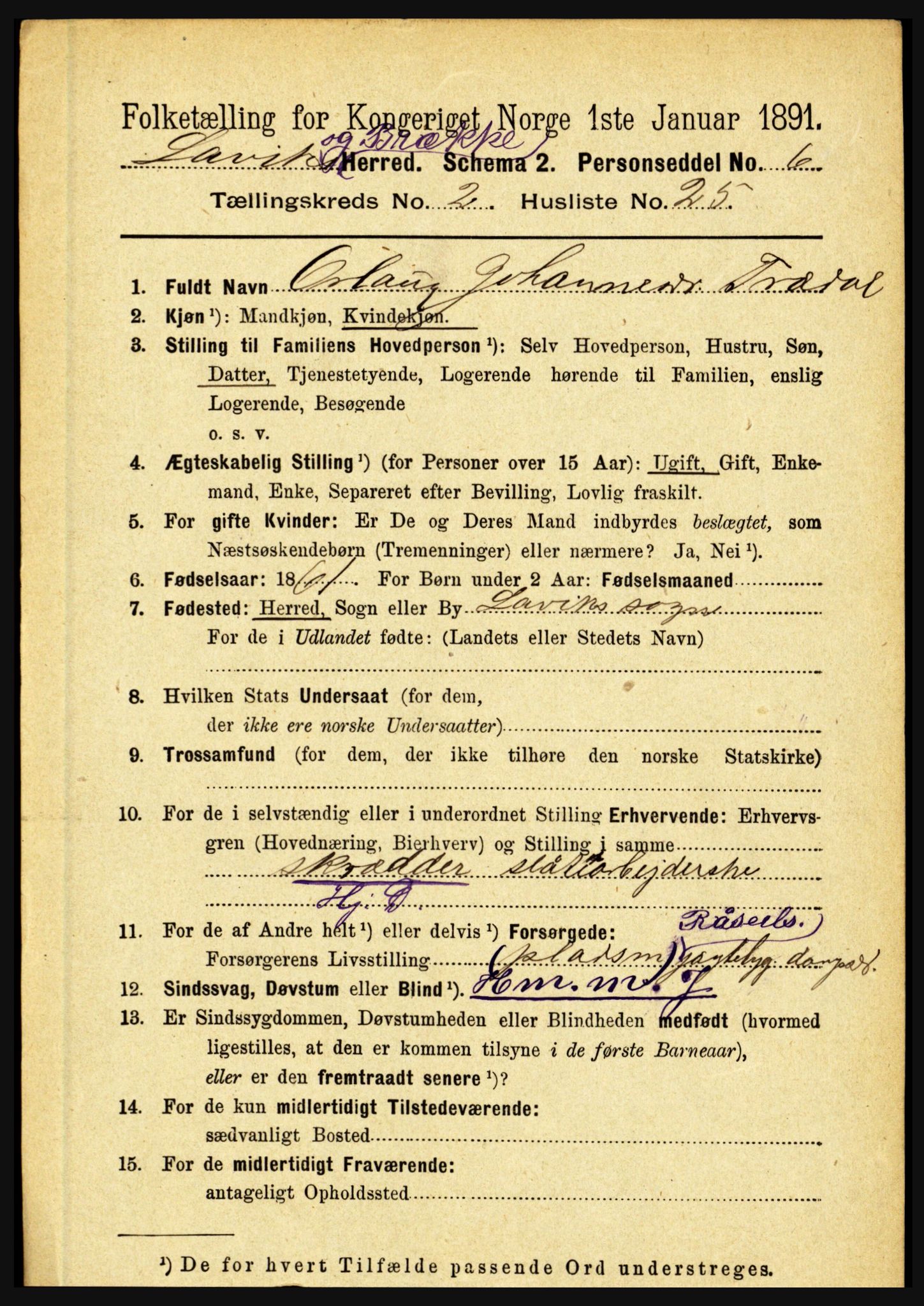 RA, 1891 census for 1415 Lavik og Brekke, 1891, p. 451