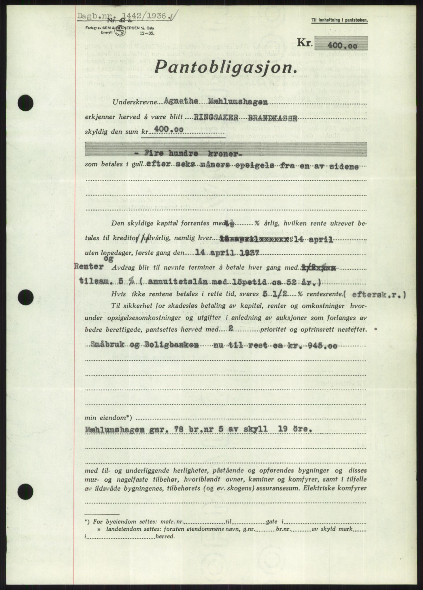 Nord-Hedmark sorenskriveri, SAH/TING-012/H/Hb/Hbf/L0001: Mortgage book no. B1, 1936-1936, Diary no: : 1442/1936