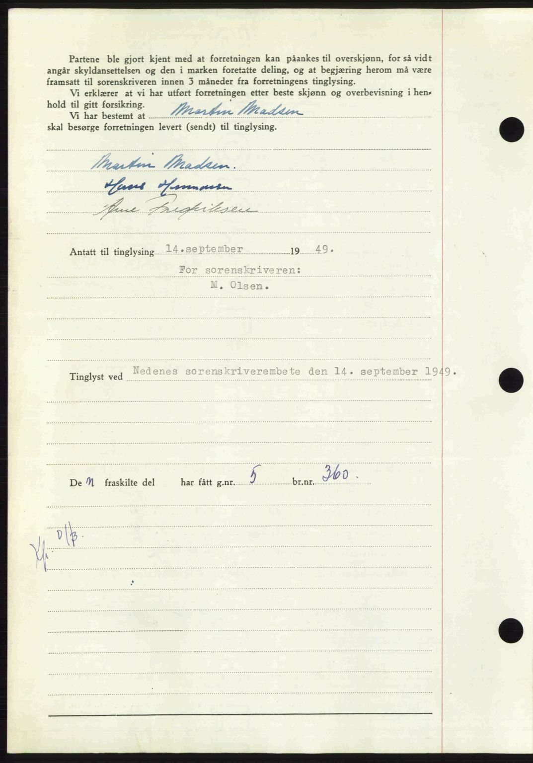 Nedenes sorenskriveri, AV/SAK-1221-0006/G/Gb/Gba/L0061: Mortgage book no. A13, 1949-1949, Diary no: : 1452/1949