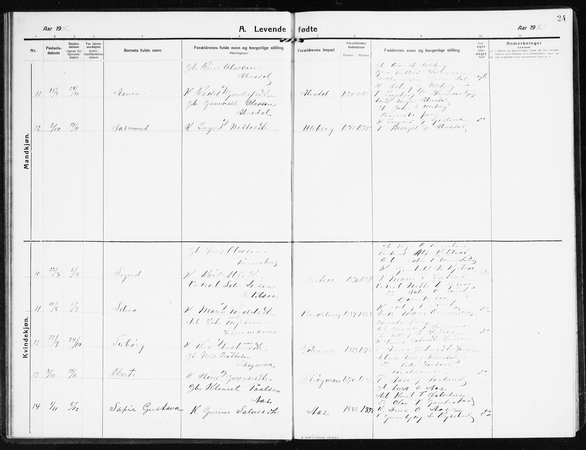 Evje sokneprestkontor, AV/SAK-1111-0008/F/Fb/Fbb/L0003: Parish register (copy) no. B 3, 1910-1933, p. 24