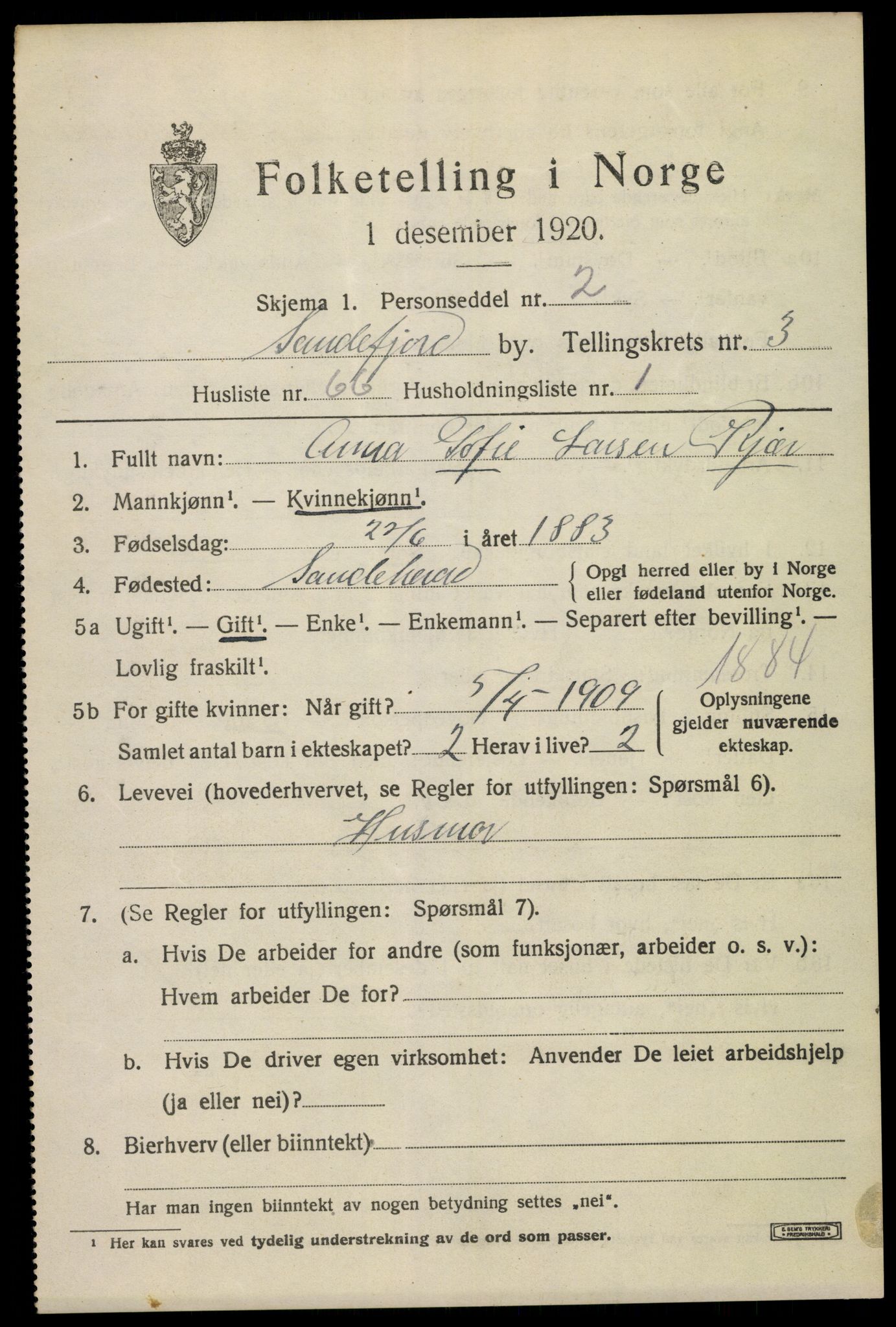 SAKO, 1920 census for Sandefjord, 1920, p. 7414