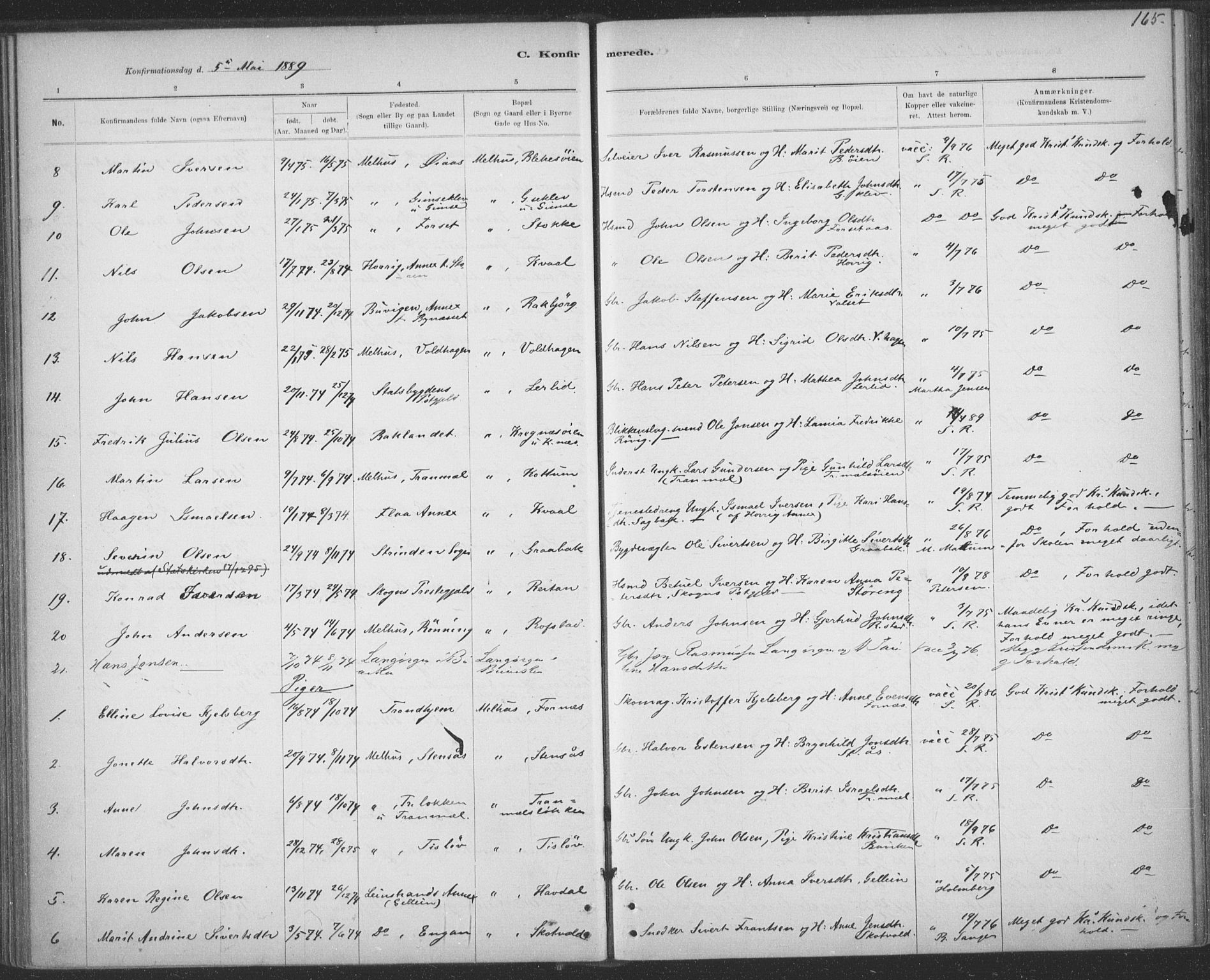 Ministerialprotokoller, klokkerbøker og fødselsregistre - Sør-Trøndelag, SAT/A-1456/691/L1085: Parish register (official) no. 691A17, 1887-1908, p. 165