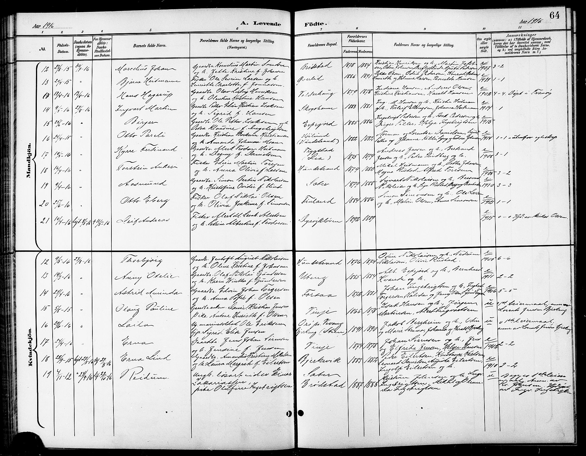 Tranøy sokneprestkontor, SATØ/S-1313/I/Ia/Iab/L0014klokker: Parish register (copy) no. 14, 1896-1918, p. 64