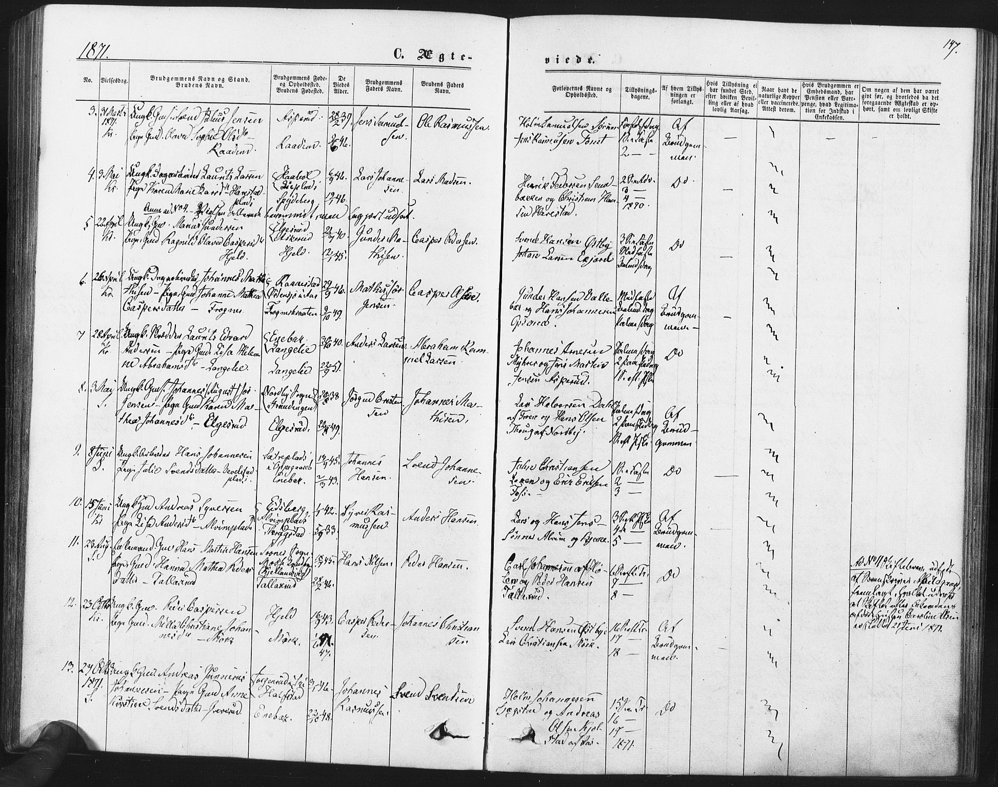 Kråkstad prestekontor Kirkebøker, SAO/A-10125a/F/Fa/L0008: Parish register (official) no. I 8, 1870-1879, p. 147