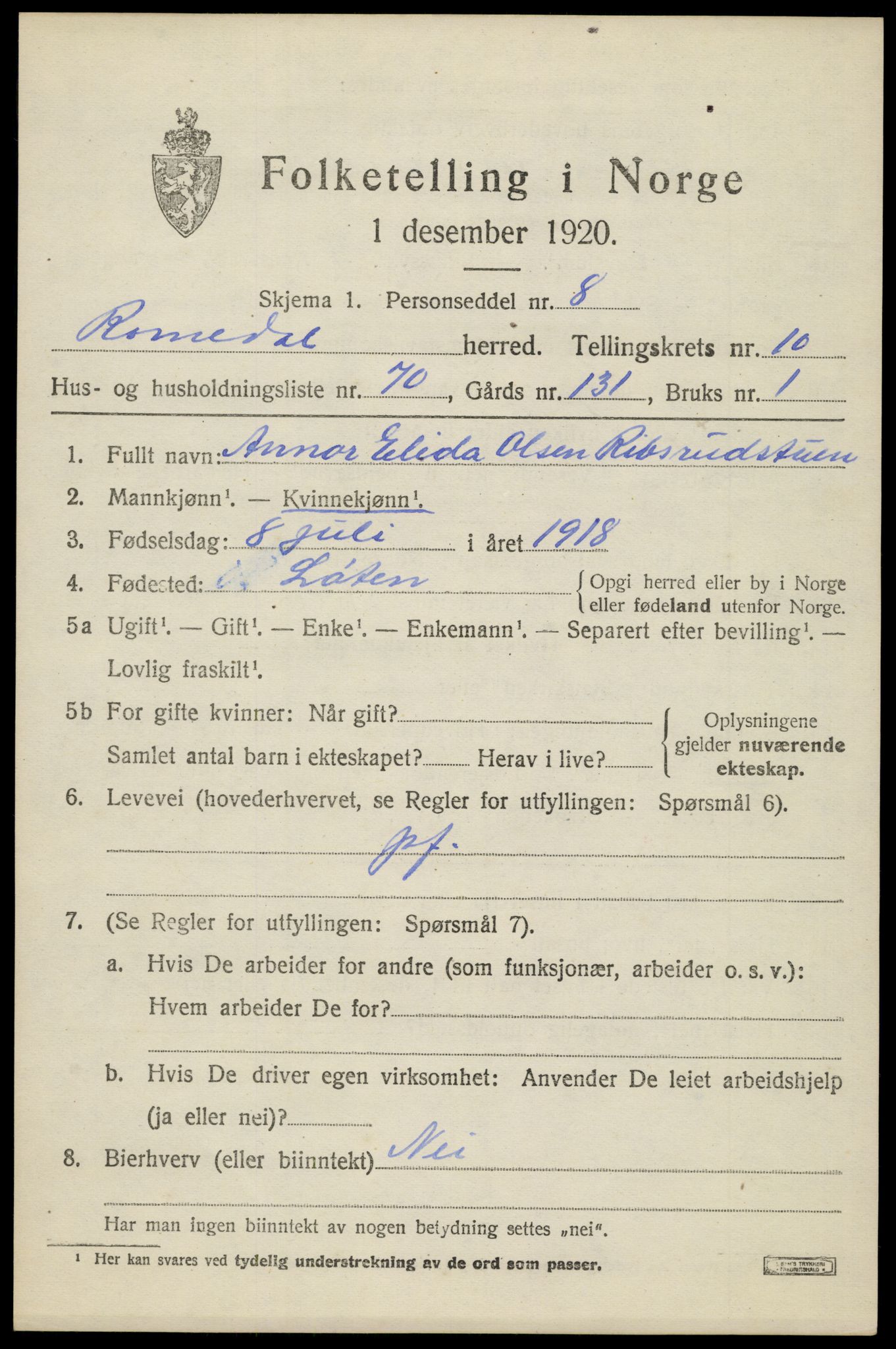 SAH, 1920 census for Romedal, 1920, p. 12093