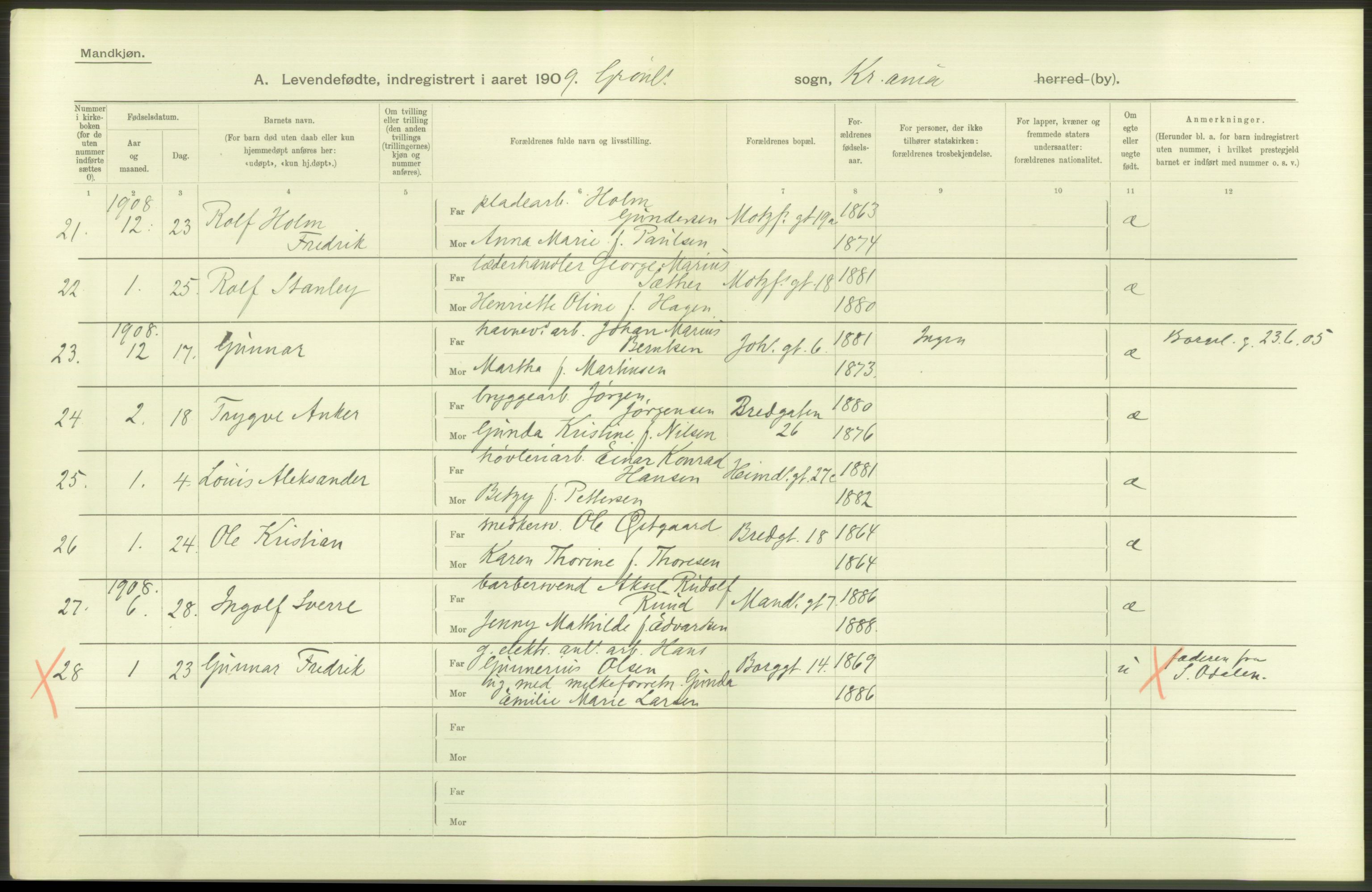 Statistisk sentralbyrå, Sosiodemografiske emner, Befolkning, RA/S-2228/D/Df/Dfa/Dfag/L0007: Kristiania: Levendefødte menn og kvinner., 1909, p. 252