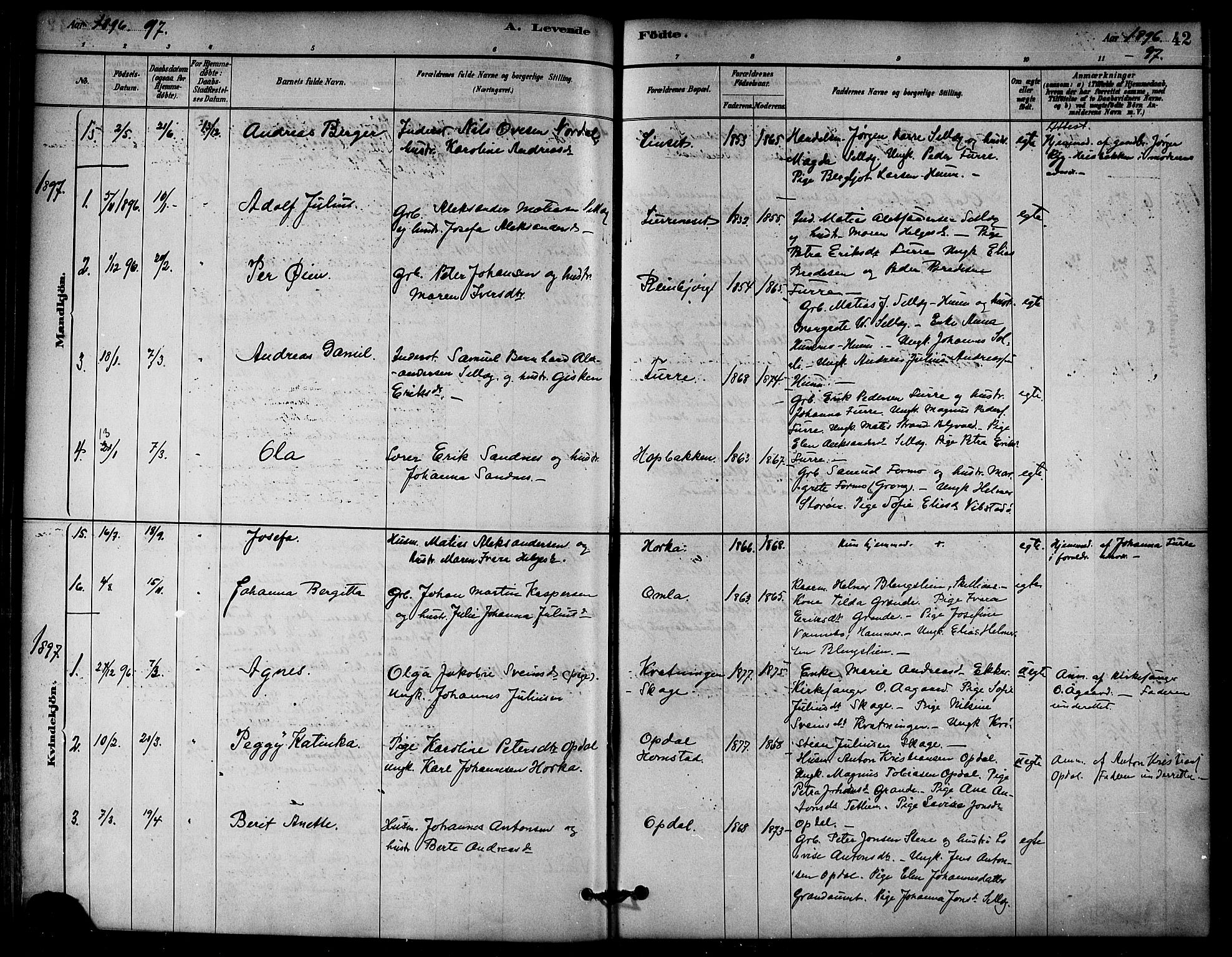 Ministerialprotokoller, klokkerbøker og fødselsregistre - Nord-Trøndelag, SAT/A-1458/766/L0563: Parish register (official) no. 767A01, 1881-1899, p. 42